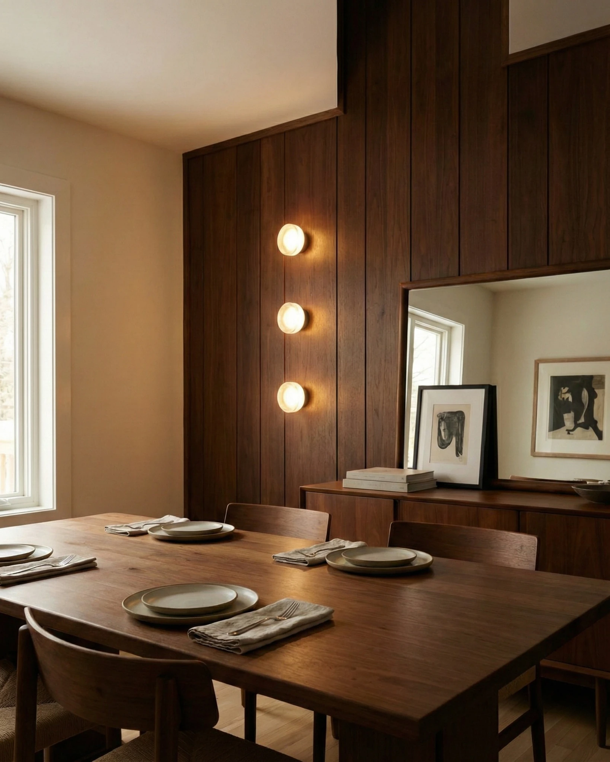 Three modern wall sconces OBLI No.01 lit in a vertical row on a walnut paneled wall above a set dining table