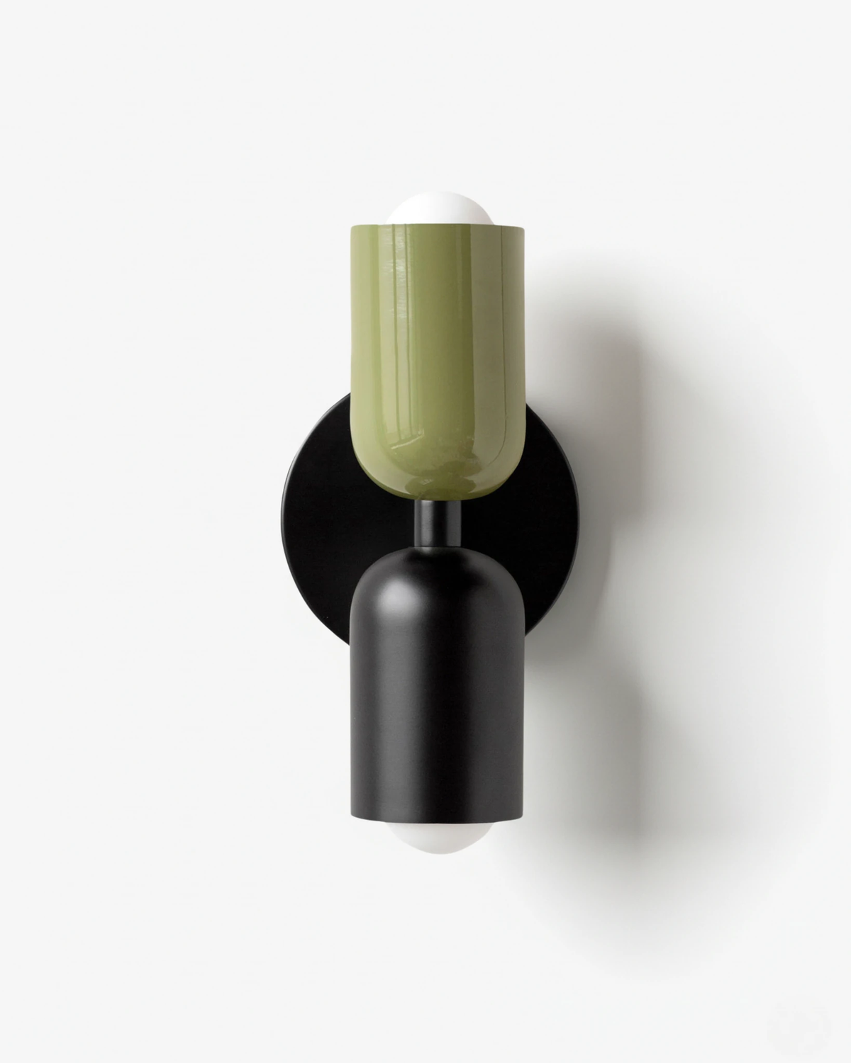 Modern wall sconce TORINO No.01 in Green & Black, olive green top shade above a black lower shade, unlit