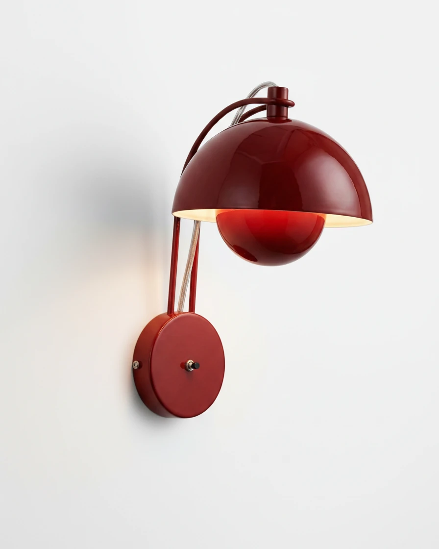 Modern wall sconce CRETA No.01 in Vermillion Red, glossy nested domes on twin rods above a round backplate, lit