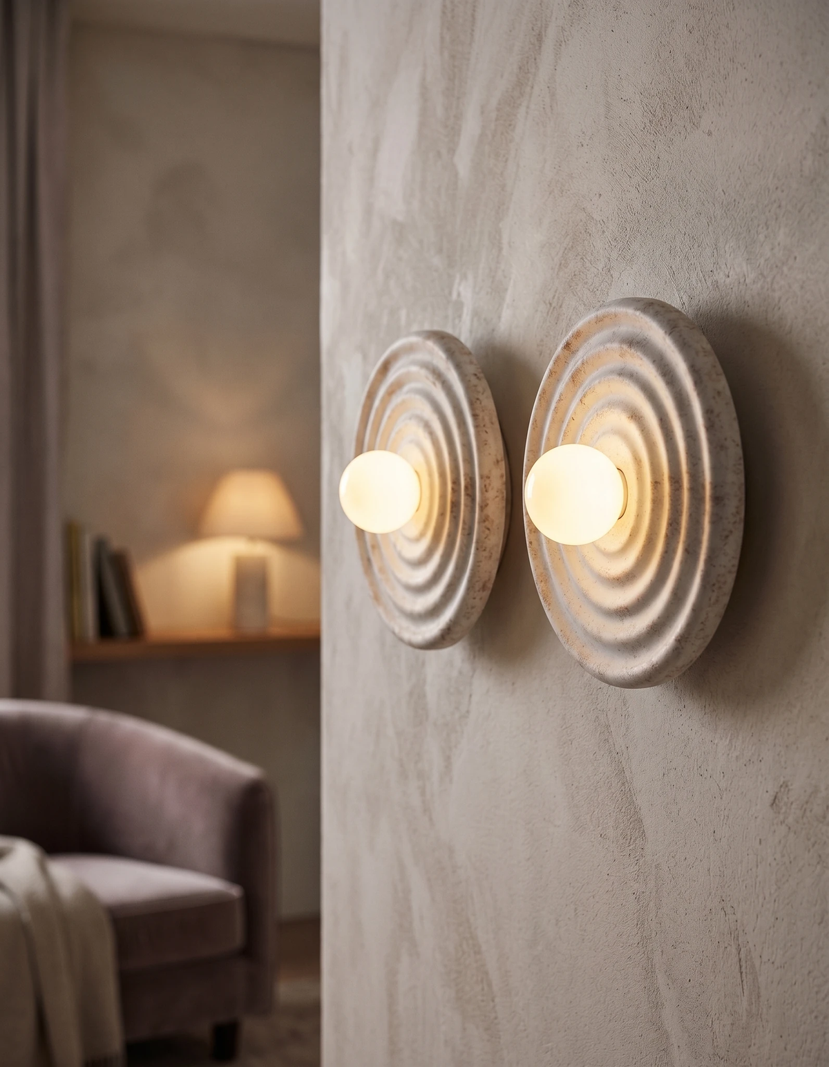 Pair of modern wall sconces ANIMA No.01 lit side by side on a textured wall near an armchair