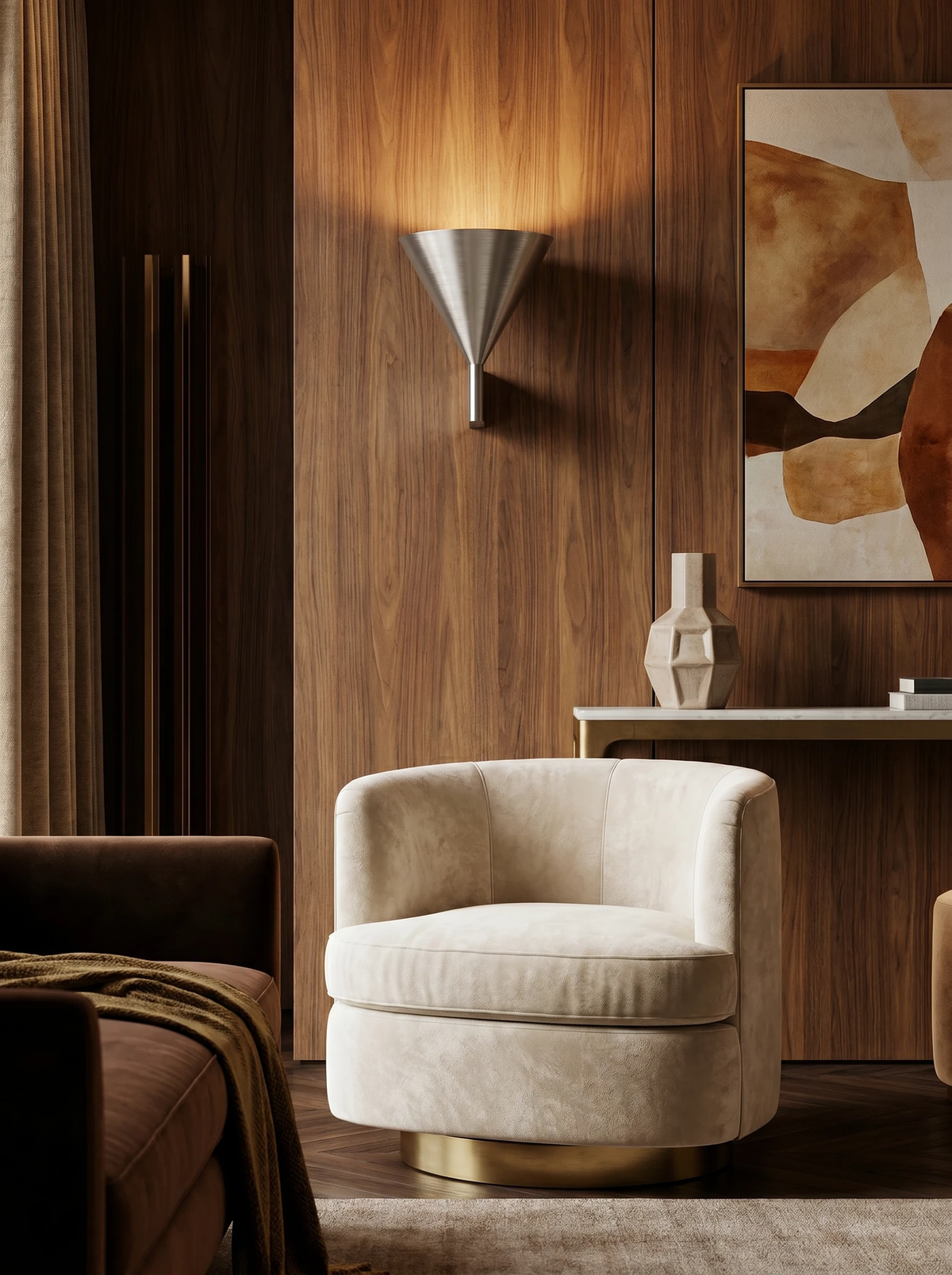 Modern wall sconce ETNA No.01 in aluminum switched on against a dark wood wall beside a cream armchair