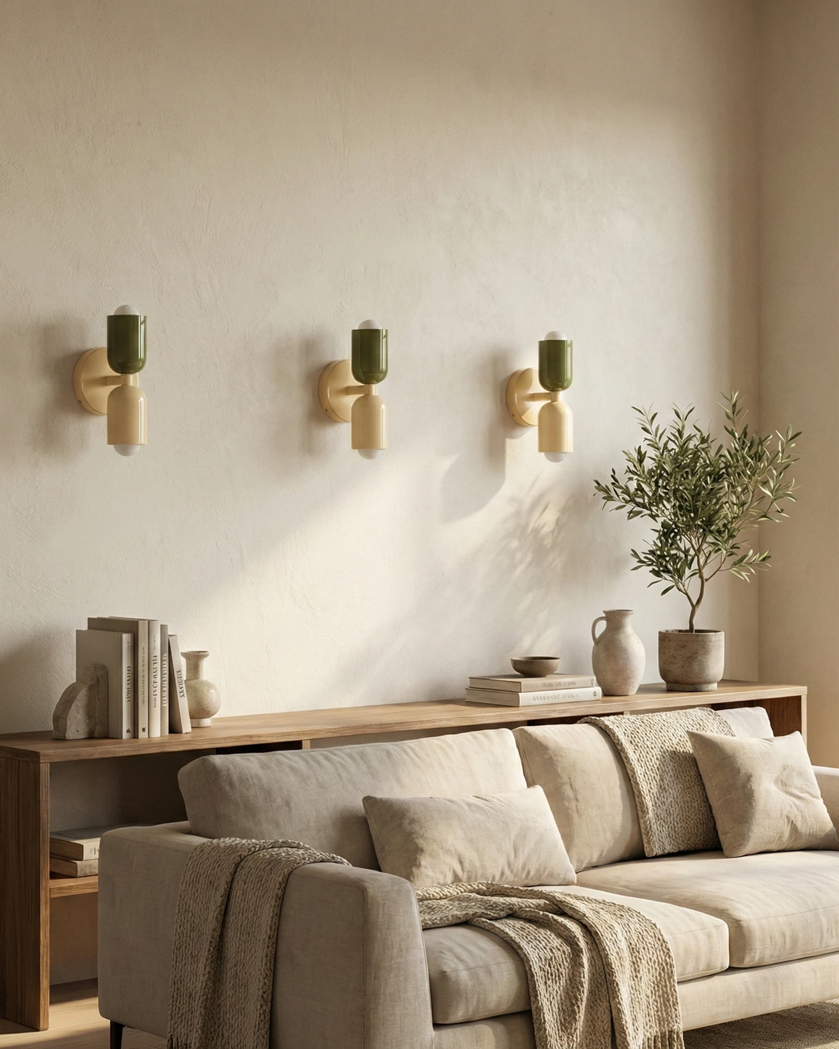 Three modern wall sconces MURO No.02 in sand and sage in a row above a linen sofa and a slim oak console