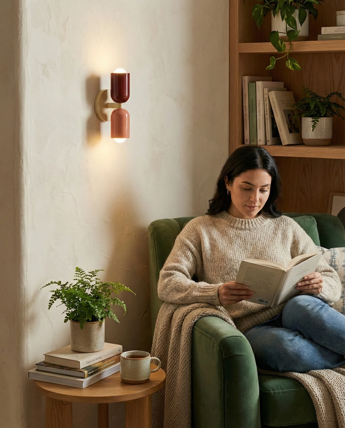 Modern wall sconce MURO No.02 in crimson and pink, lit beside a green armchair where a woman reads a book