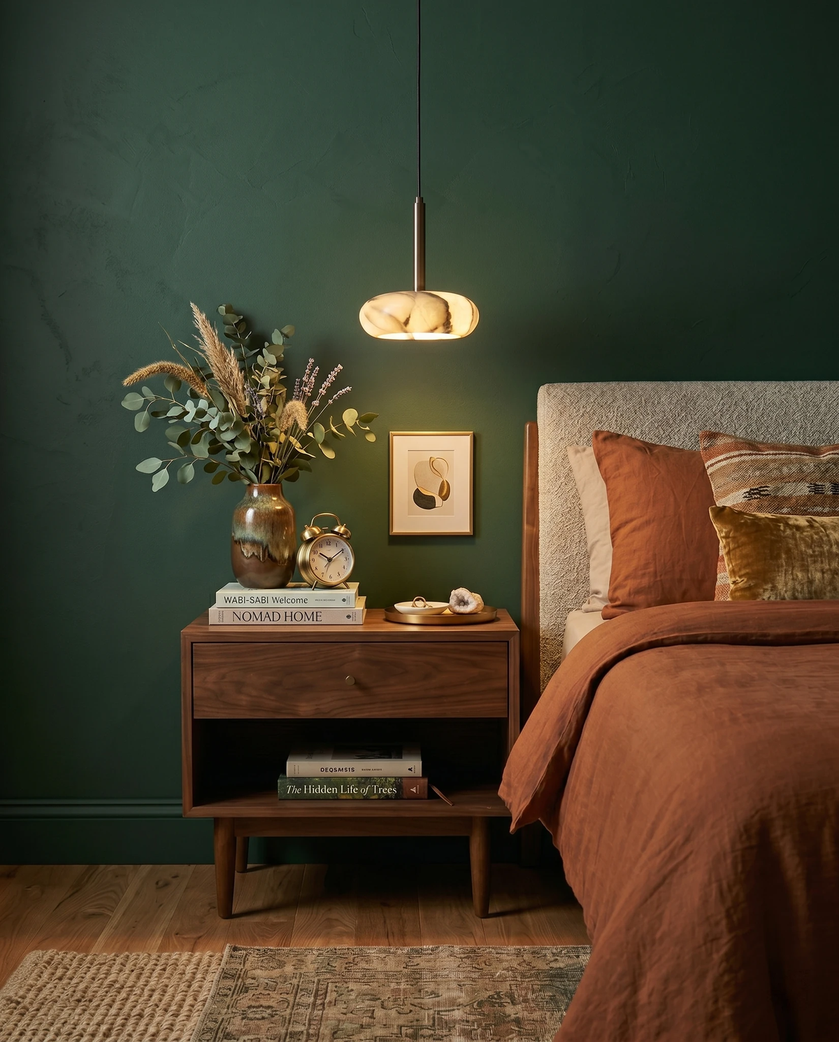 Onyx pendant light TIBER No.01 lit on a deep green wall above a walnut nightstand beside a bed with rust linen