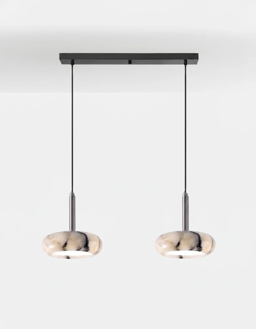 Onyx pendant light TIBER No.01 Linear Two-Head, a pair of glowing onyx saucers hung from a black linear bar