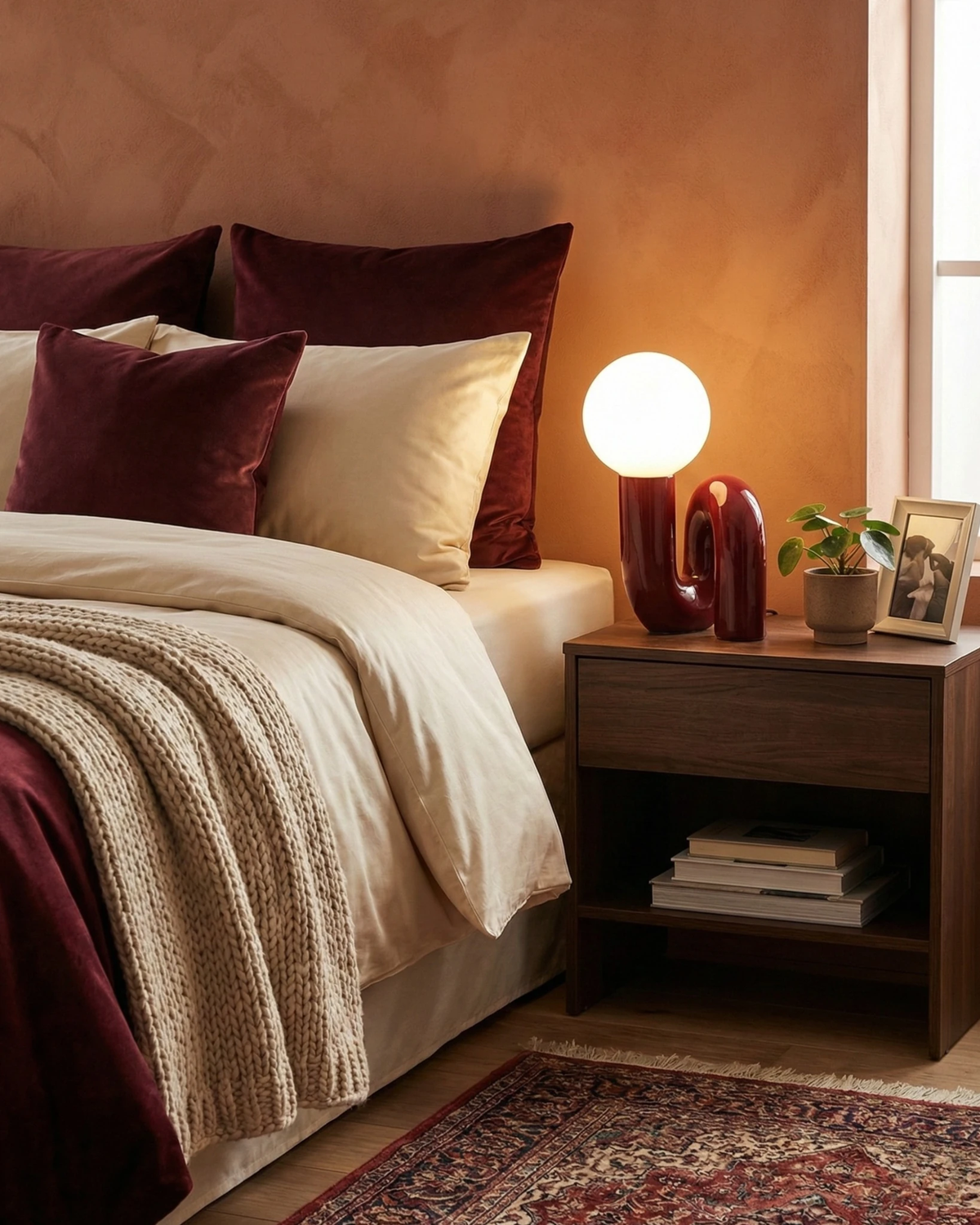Opal globe table lamp VICO No.01 in bordeaux red lit on a nightstand beside a bed with burgundy bedding