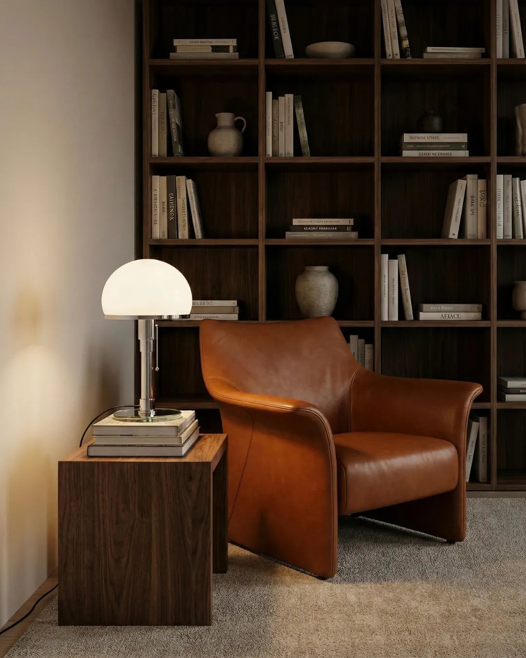 Opal globe table lamp LUMA No.01 on a dark wood side table beside a leather armchair and a wall of books