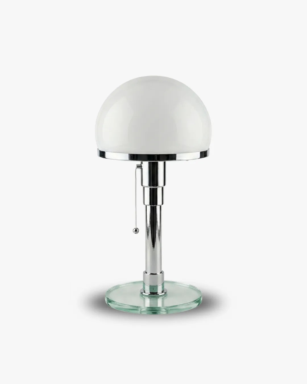 Opal globe table lamp LUMA No.01, opal dome on a polished chrome stem and clear glass base, unlit