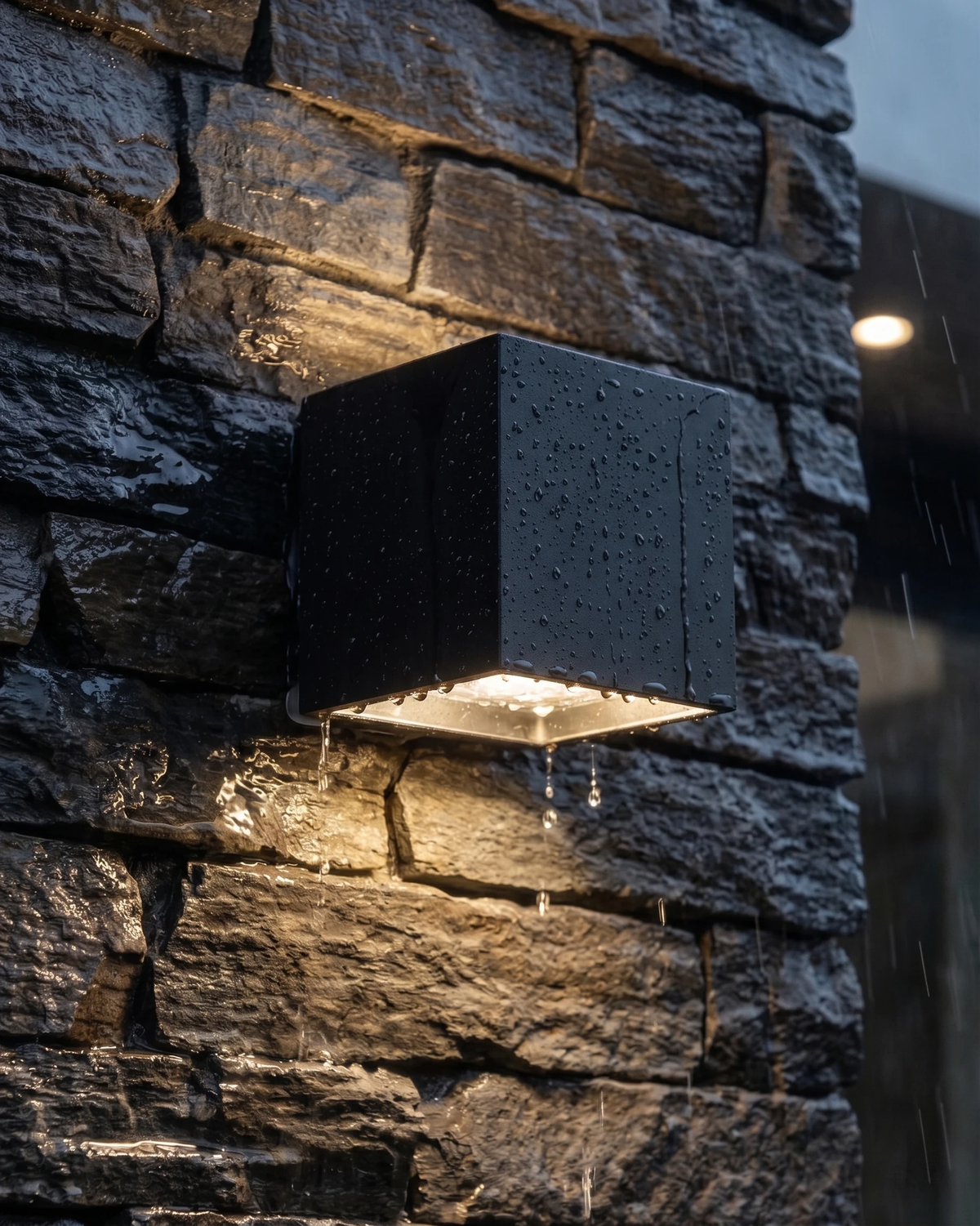 Close-up of the outdoor wall sconce FARA No.01 black aluminum cube lit on a wet stacked stone wall