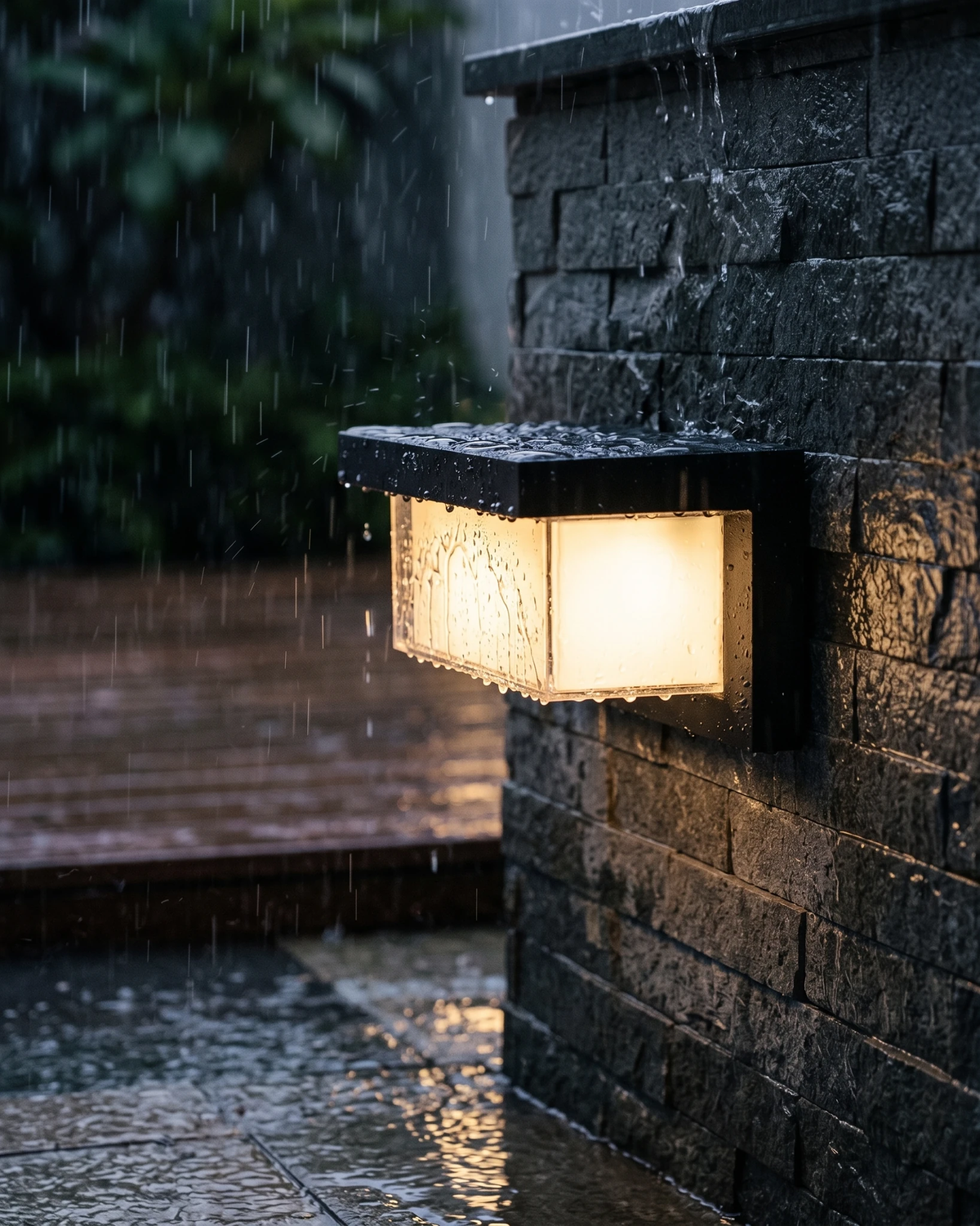 Outdoor wall sconce BRISA No.01 switched on against a dark brick wall in the rain