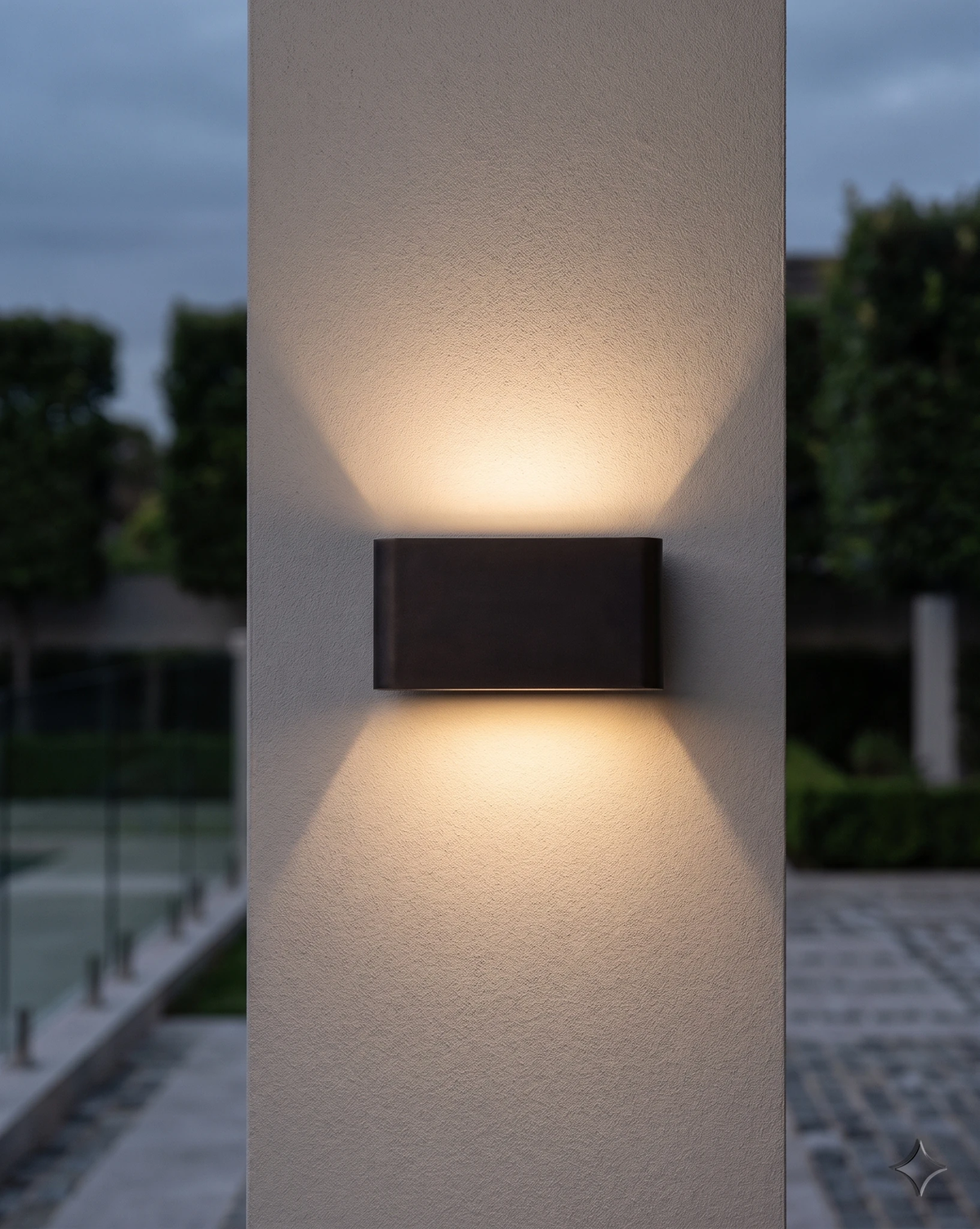 Outdoor wall sconce PISA No.01 in deep black switched on against a white exterior wall with a garden beyond