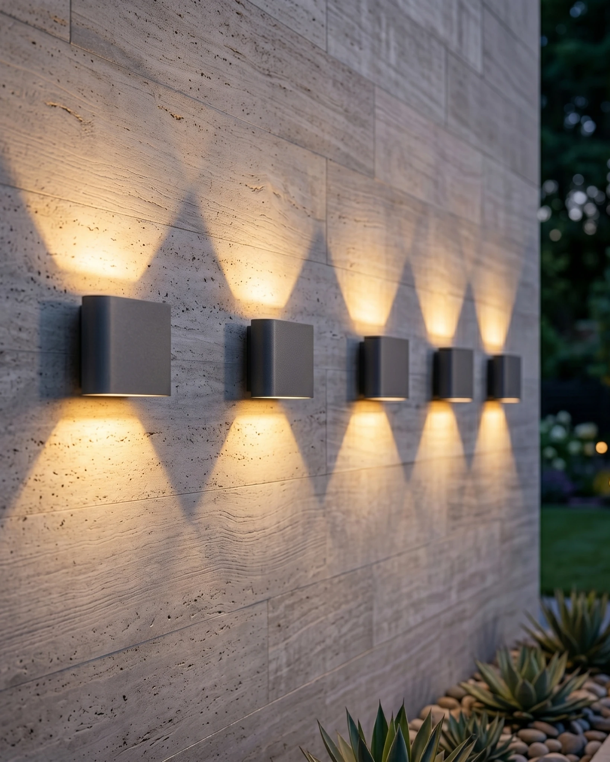 Four outdoor wall sconces PISA No.01 in deep black lit in a row along a concrete wall with plants below