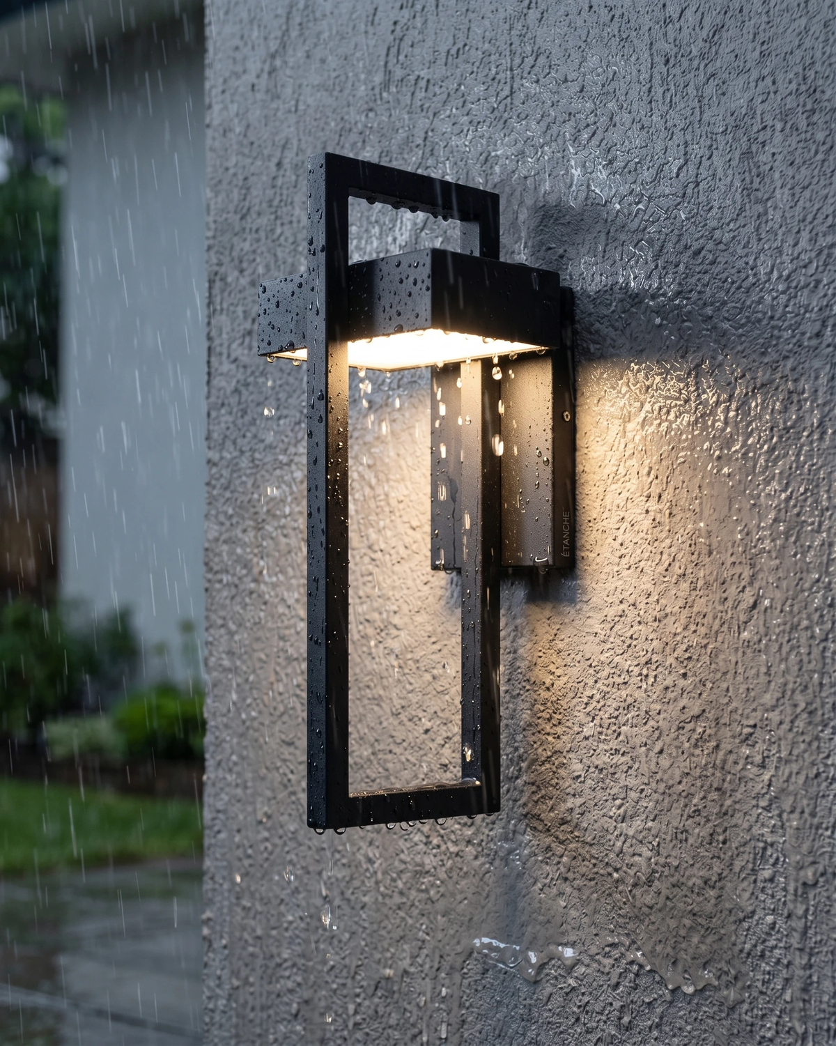 Outdoor wall sconce FERRO No.01 lit on a wet concrete wall in the rain, black frame casting light downward