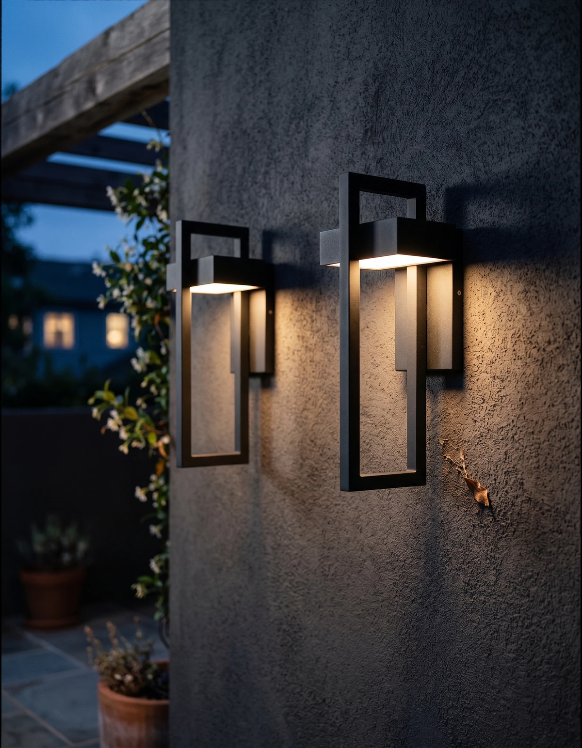Pair of outdoor wall sconces FERRO No.01 lit at night on a dark stone wall beside potted plants