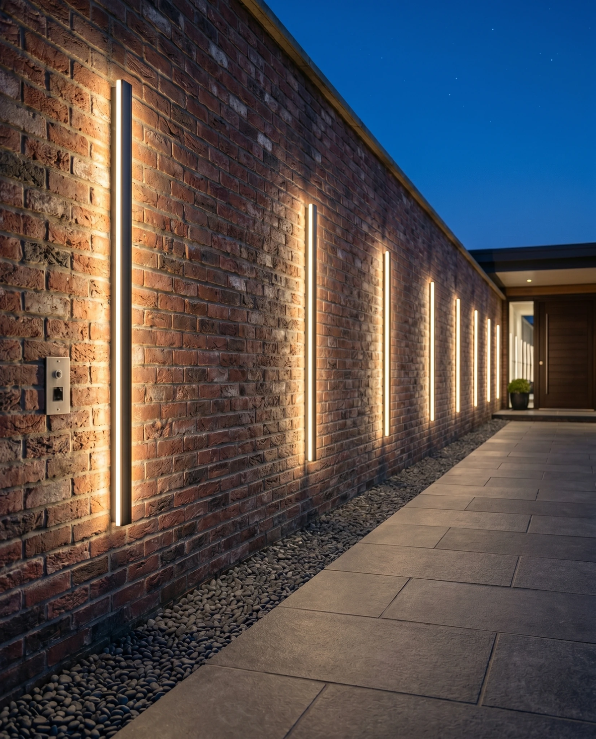 Row of outdoor wall sconces FRECCIA No.01 lit along a brick exterior wall at dusk, black bars washing the bricks with light
