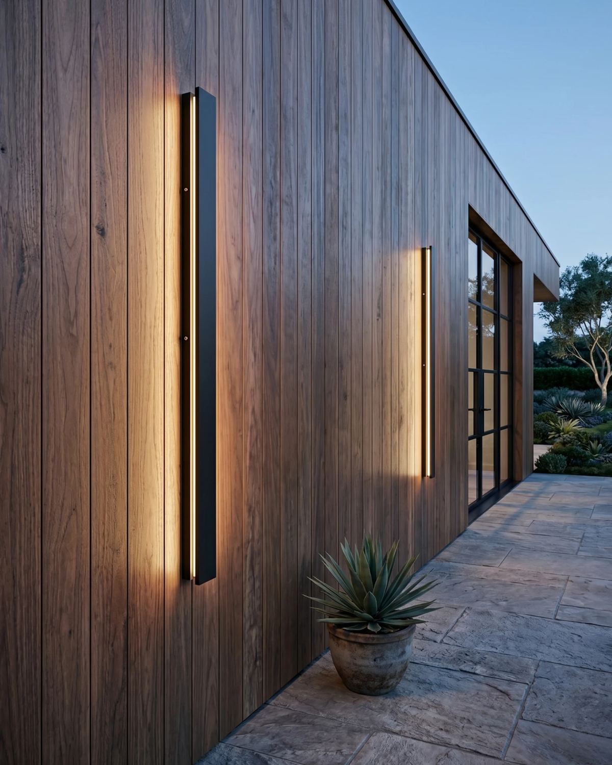 Two outdoor wall sconces FRECCIA No.01 switched on against a wood-clad house exterior with a potted agave at dusk