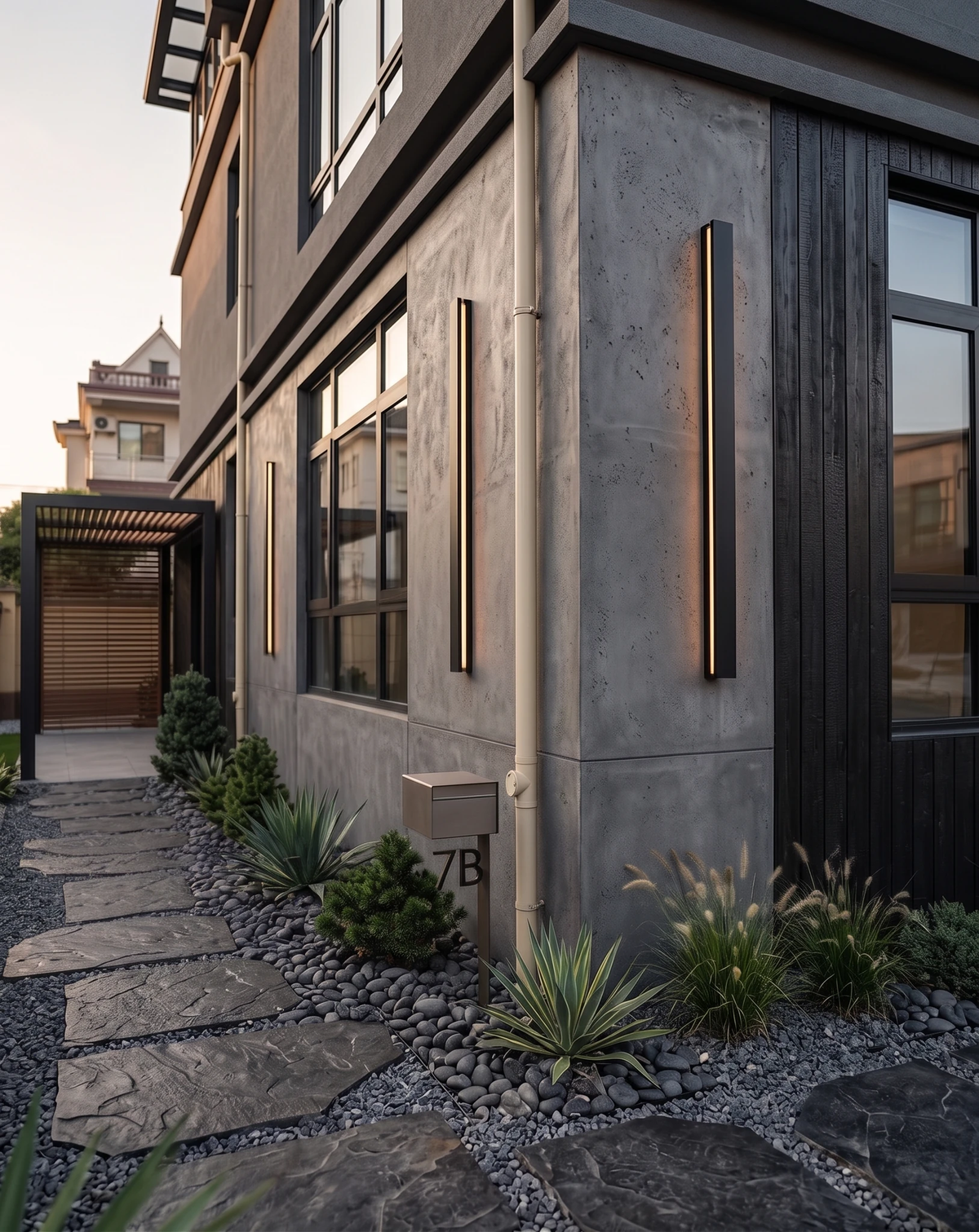 Outdoor wall sconce FRECCIA No.01, three lit black bars on a concrete and dark timber house facade beside a stone path