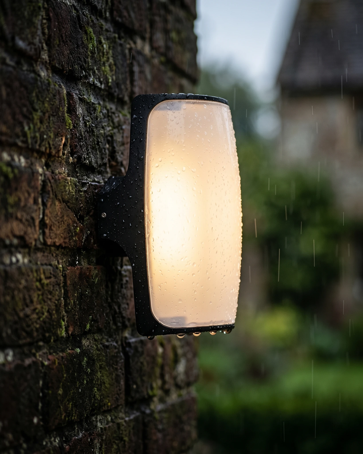 Outdoor wall sconce MAREA No.01 lit on a mossy brick wall in the rain with a garden blurred behind