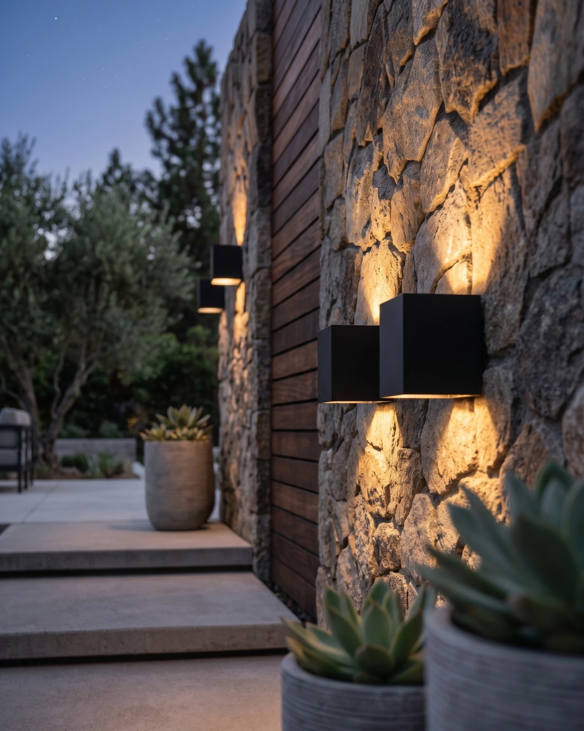 Two outdoor wall sconces FARA No.01 in black lit on a stone-clad facade beside planters at twilight