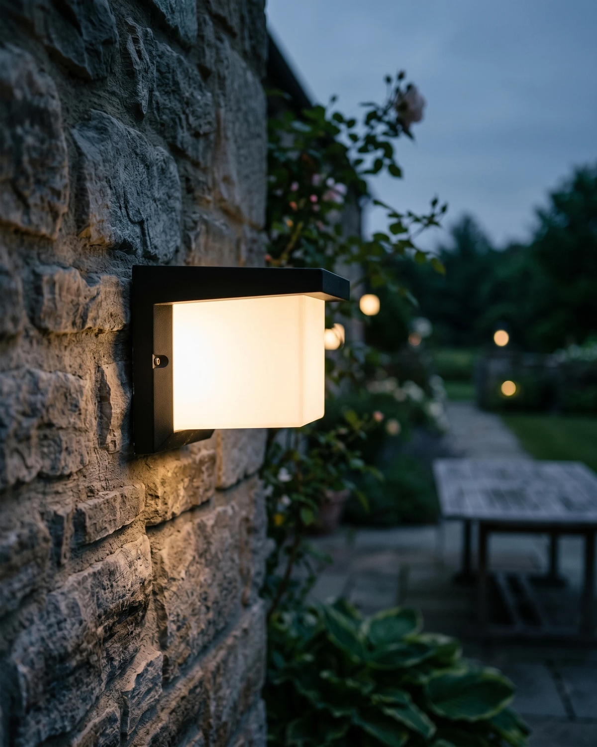 Outdoor wall sconce NOTO No.03 cube lantern lit on a rough stone wall at dusk with a garden and patio table behind