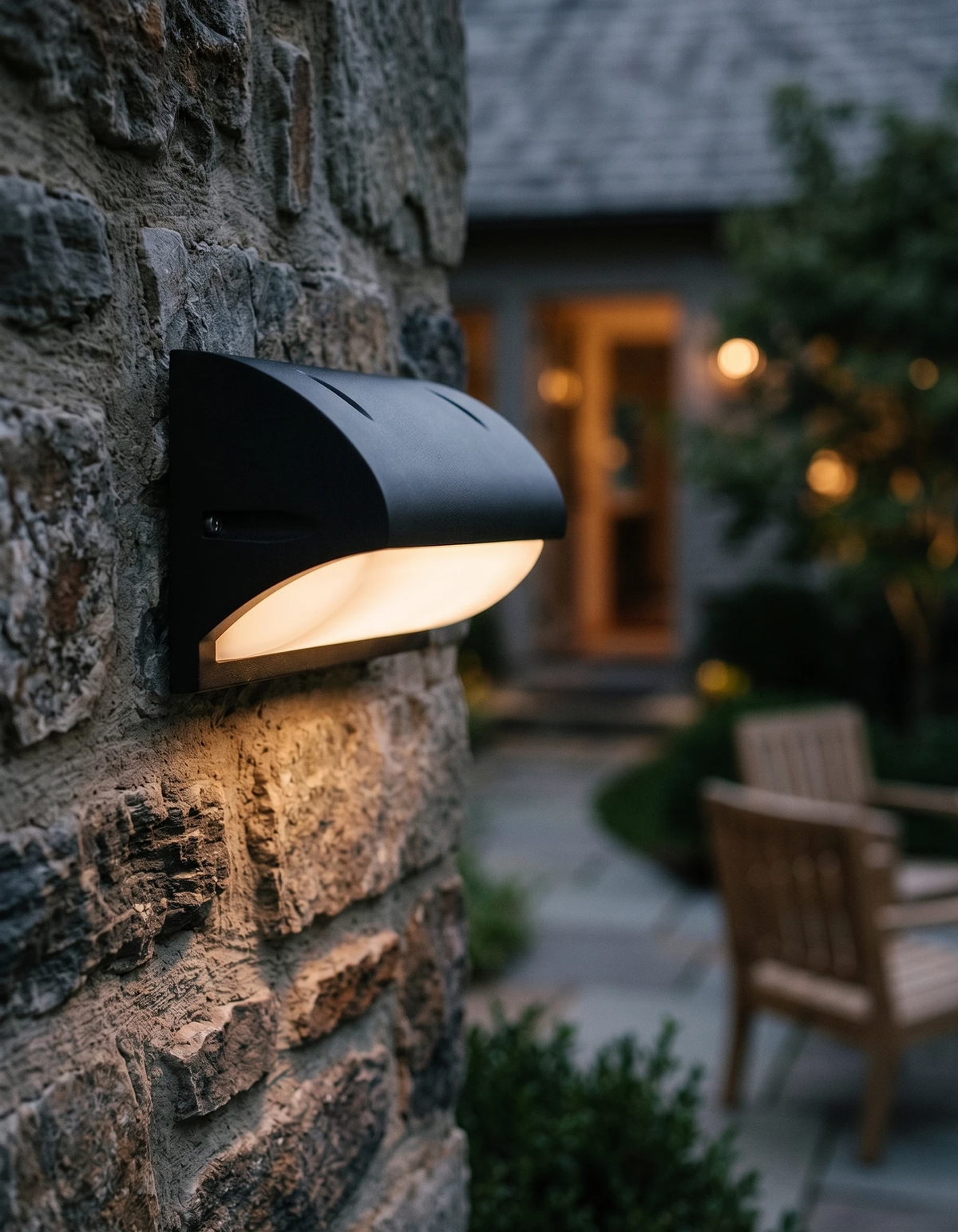 Outdoor wall sconce NOTO No.04 mounted lit on a rough stone wall of a house with a garden patio behind