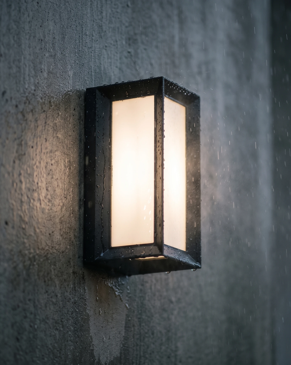 Outdoor wall sconce PORTICO No.01 lit on a rain-streaked concrete wall, close view of the black lantern