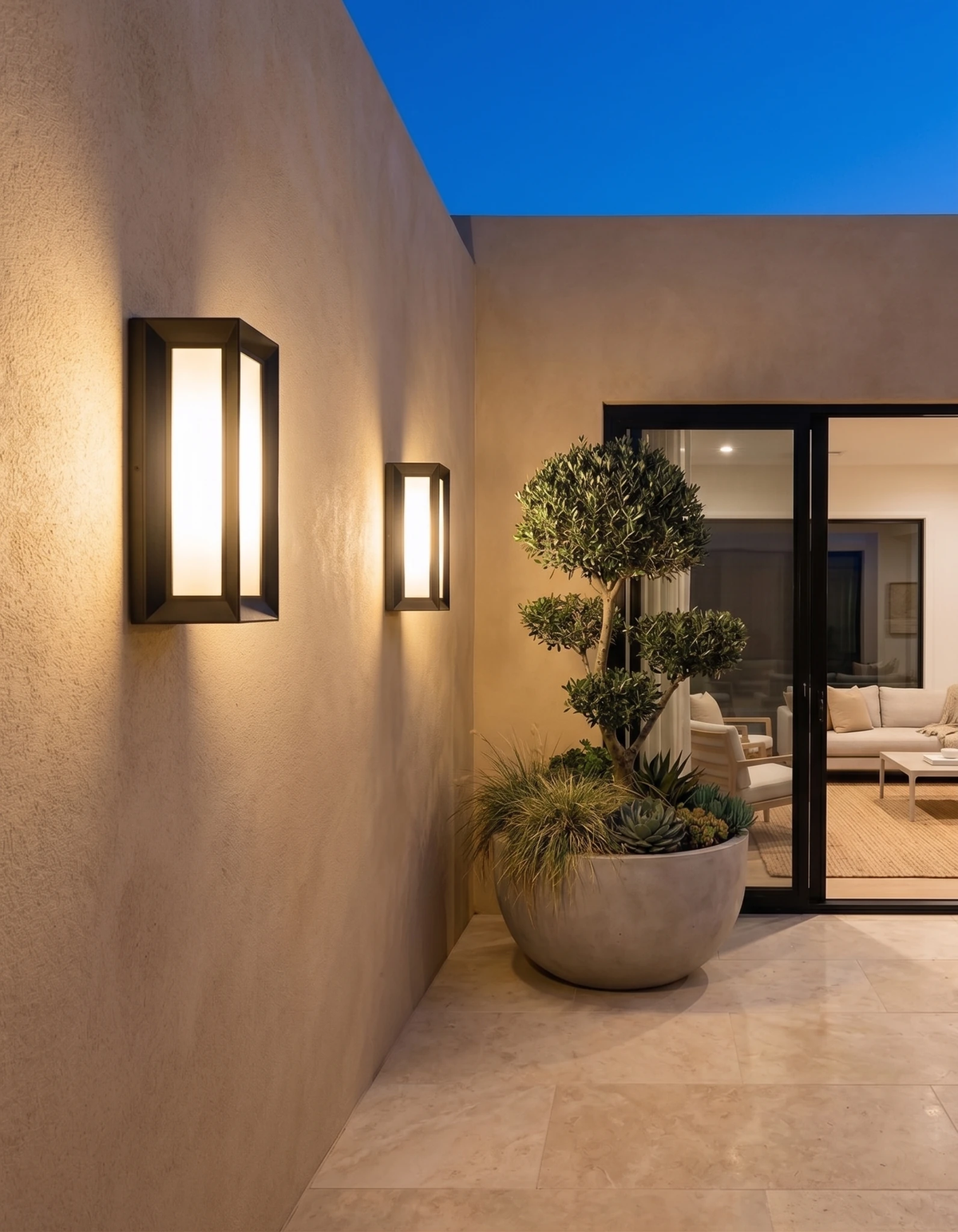 Outdoor wall sconce PORTICO No.01, two lanterns lit on a stucco wall next to glass doors and a potted tree at dusk