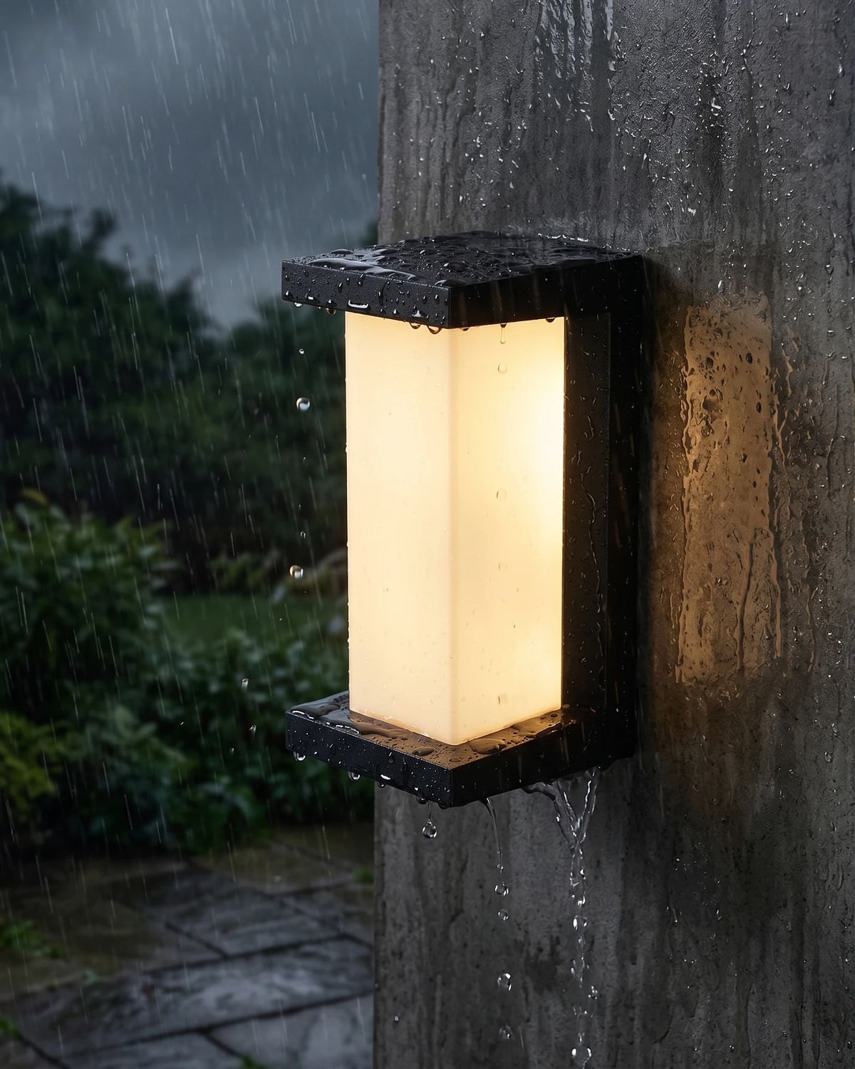 Outdoor wall sconce PORTICO No.02 glowing on a wet concrete pillar in the rain with garden shrubs behind