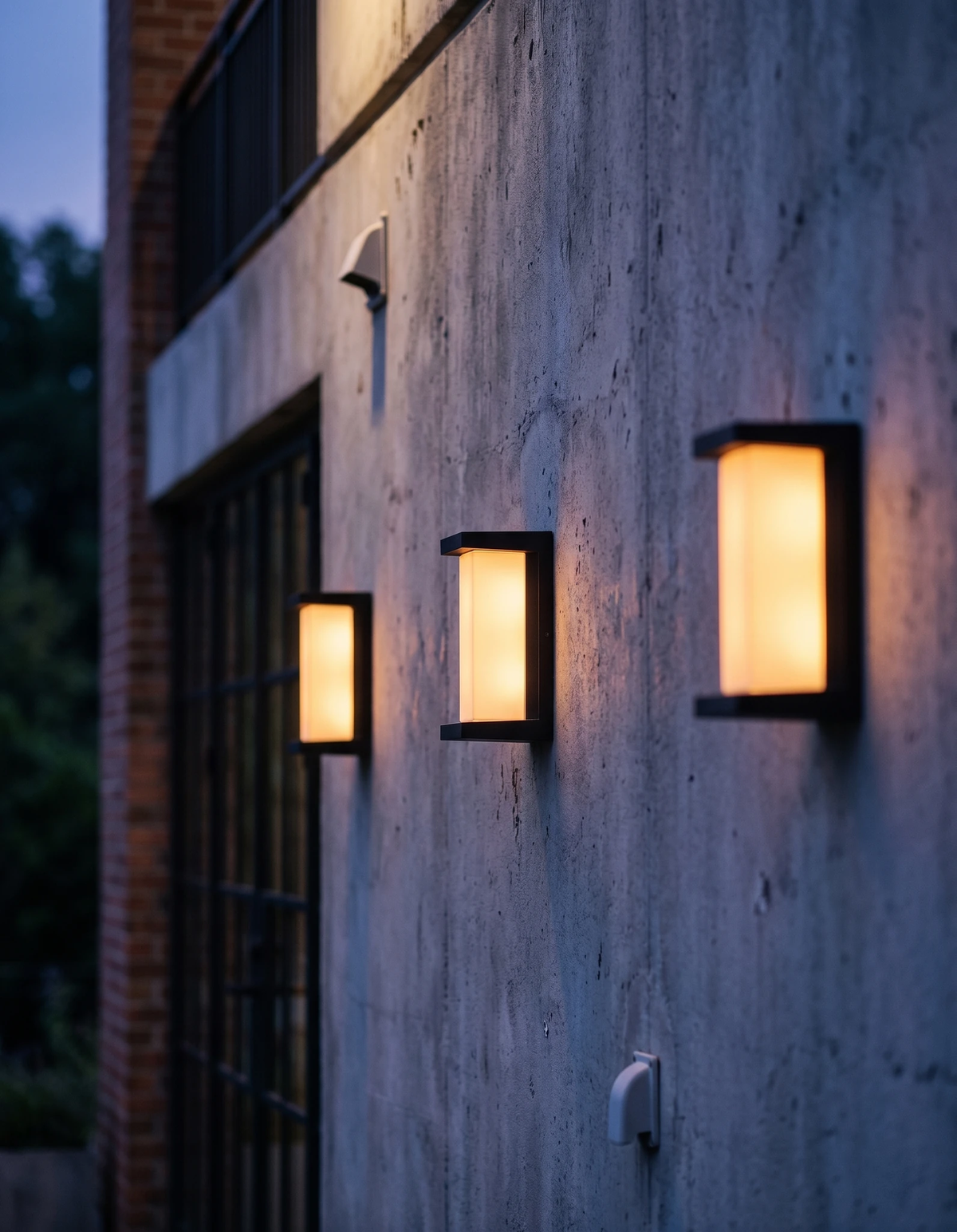 Three outdoor wall sconces PORTICO No.02 lit along a concrete facade beside a brick building at dusk