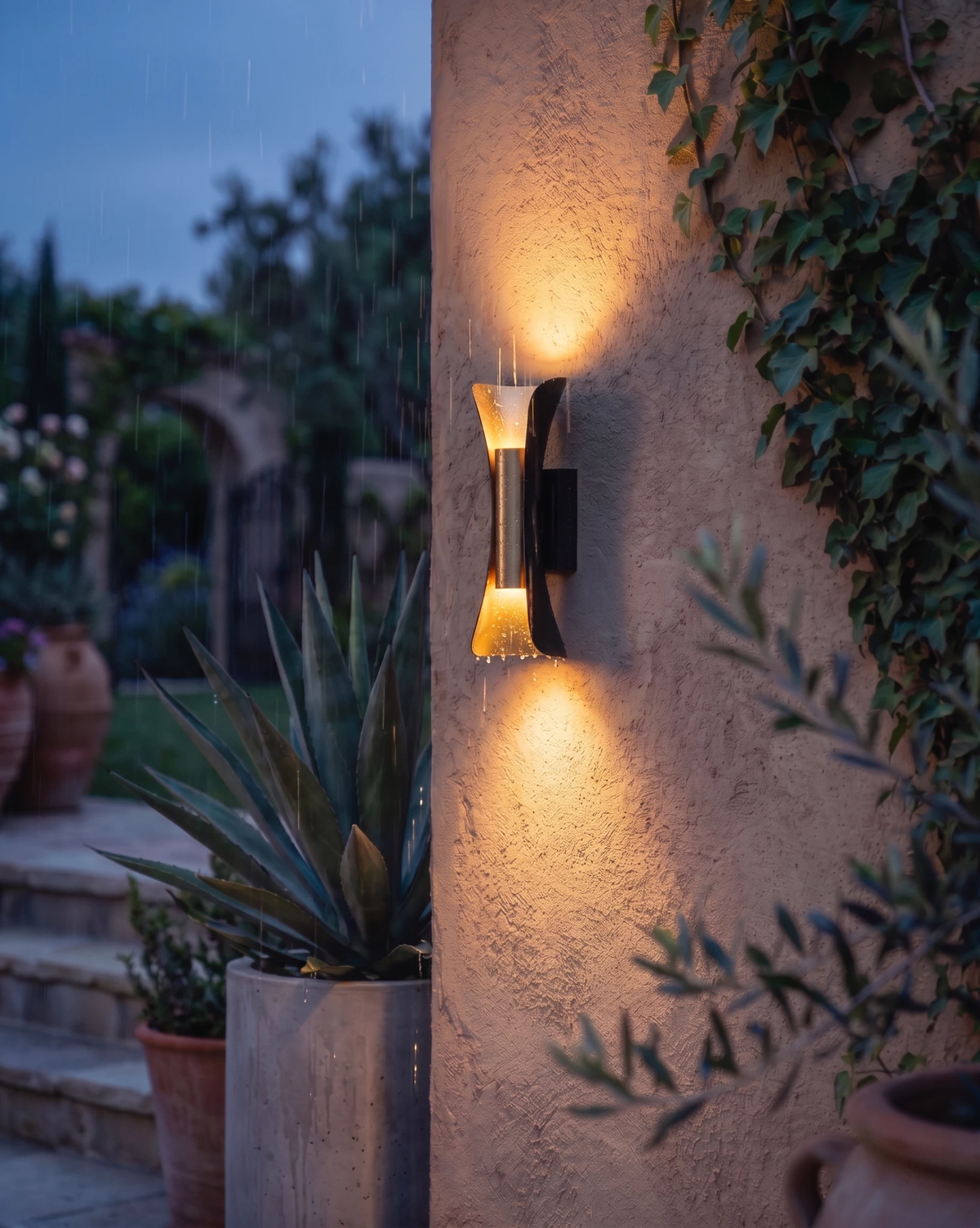 Outdoor wall sconce VENTO No.01 switched on at dusk, casting light up and down a plaster wall with climbing plants