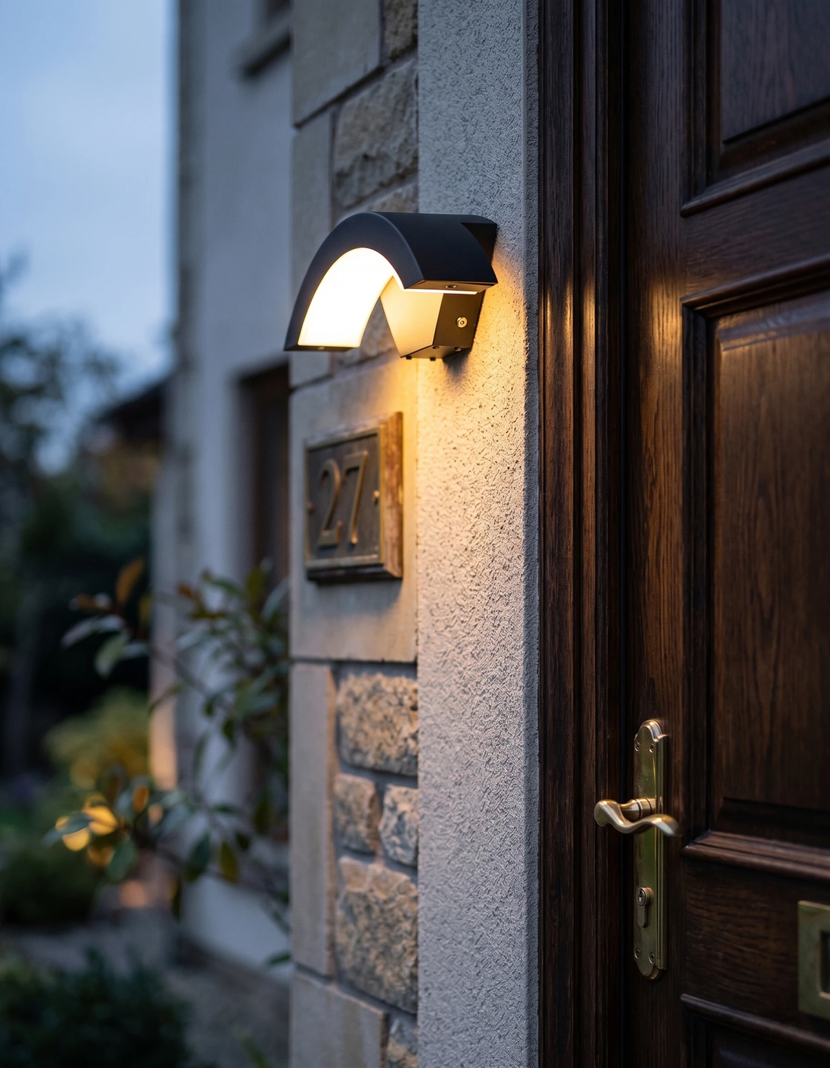 Outdoor wall sconce BALCONE No.01 lit on a stone wall beside a dark wooden front door at dusk