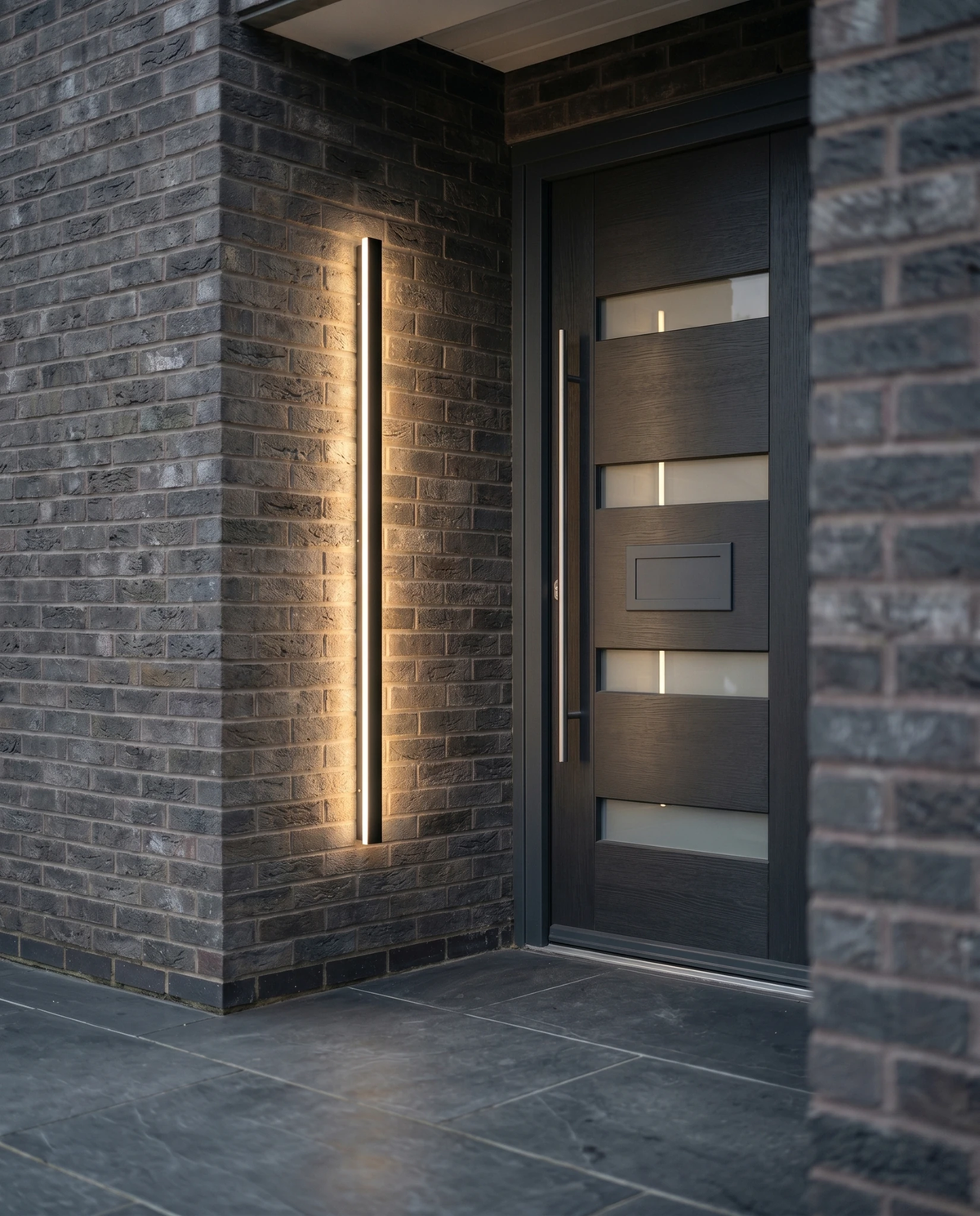 Outdoor wall sconce FRECCIA No.01 lit on a dark brick wall beside a modern front door with frosted glass panels