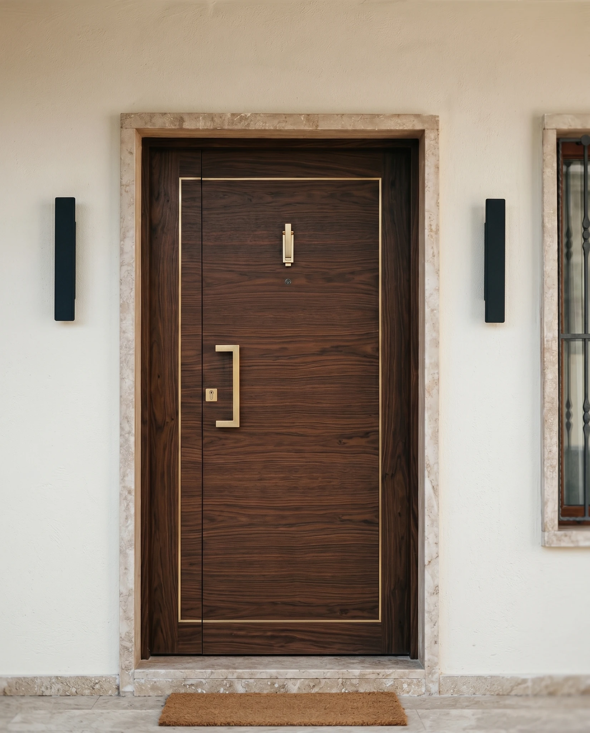 Outdoor wall sconce COLLE No.01, two matte black linear bars flanking a walnut front door, unlit
