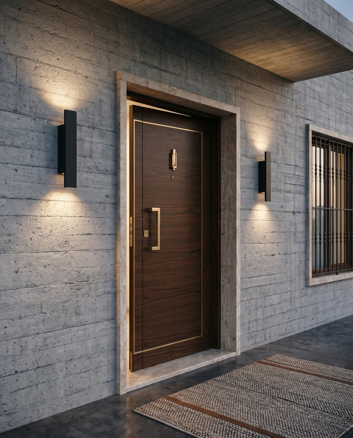 Outdoor wall sconce COLLE No.01, matte black bars lit on either side of a dark wood front door