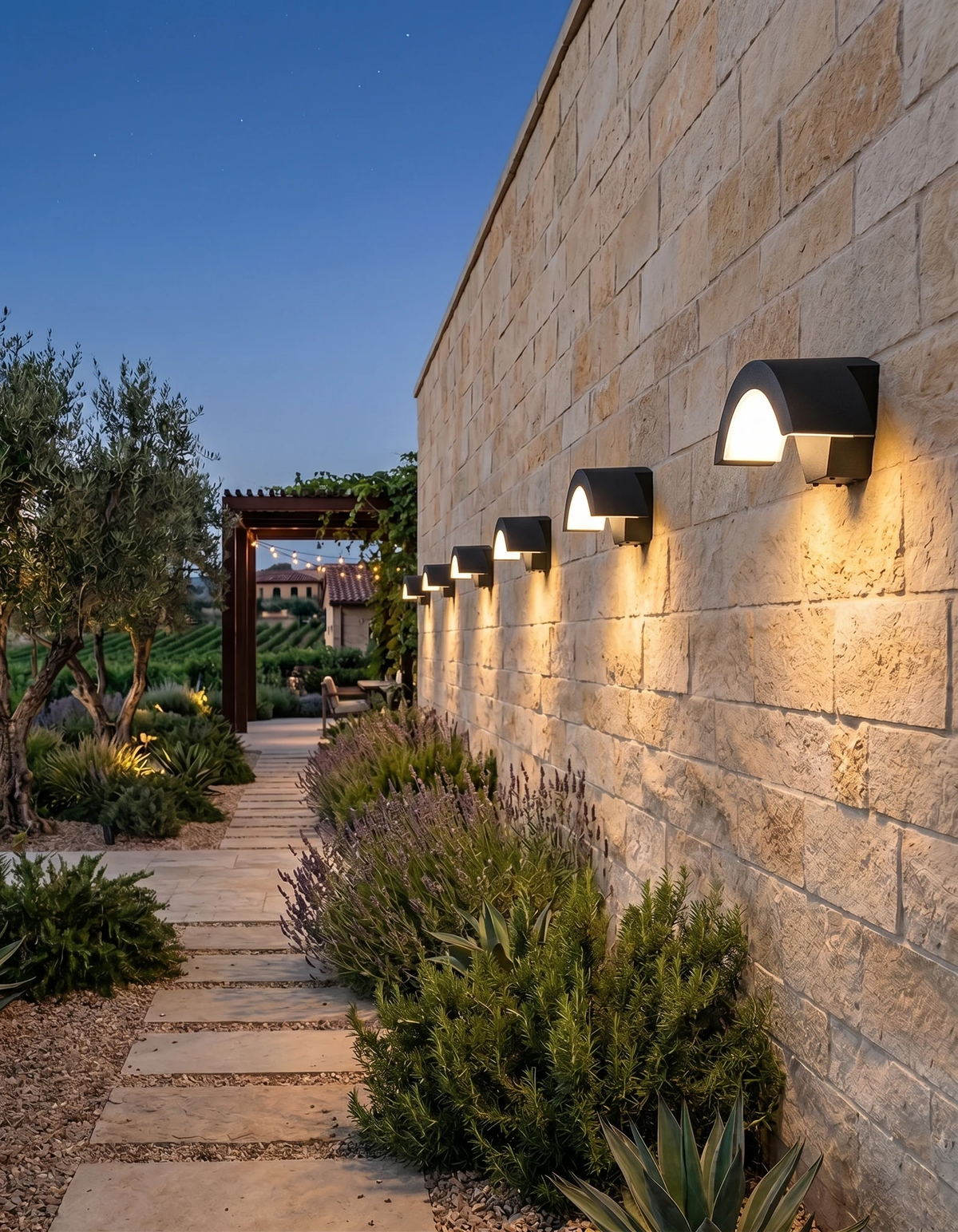 Outdoor wall sconce BALCONE No.01, a row of lit units along a sandstone garden wall above a stone path