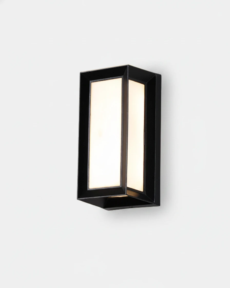 Outdoor wall sconce PORTICO No.01, compact black box lantern with frosted panels, switched on