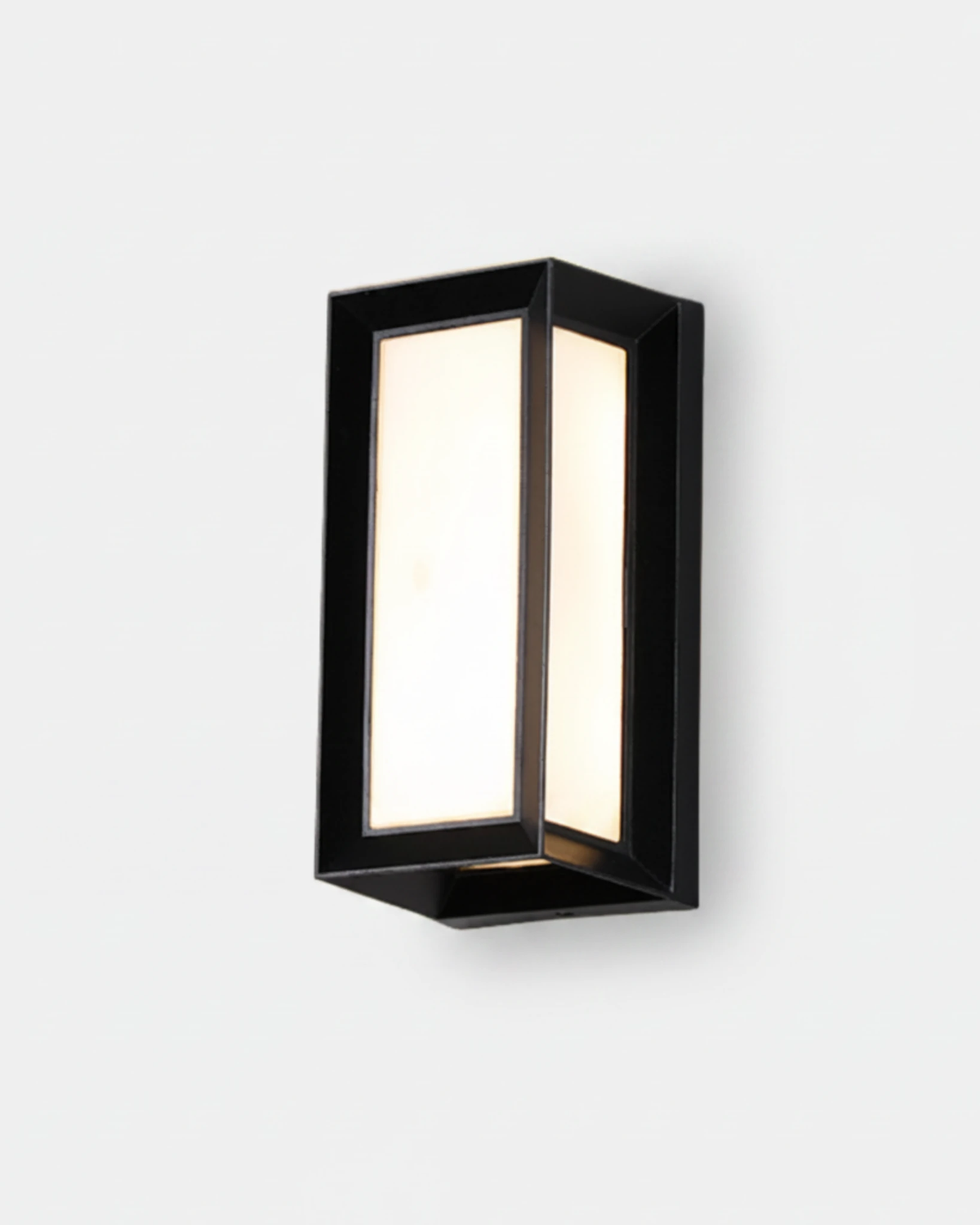 Outdoor wall sconce PORTICO No.01, large size black lantern with glowing frosted panels, lit