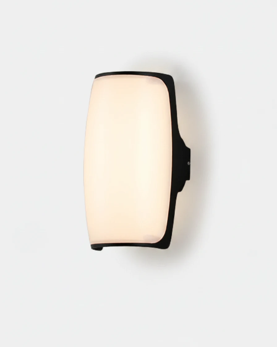 Outdoor wall sconce MAREA No.01, curved opal panel switched on inside a black aluminum frame