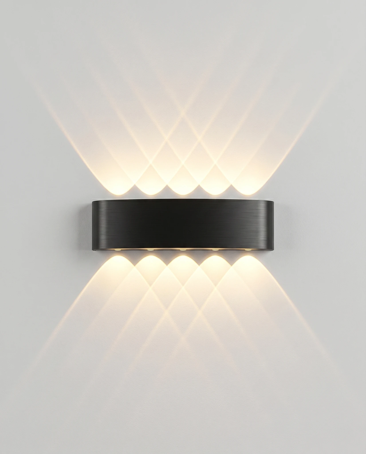 Outdoor wall sconce PALAZZO No.01 in matte black, wide bar with five LED beams up and five down, switched on