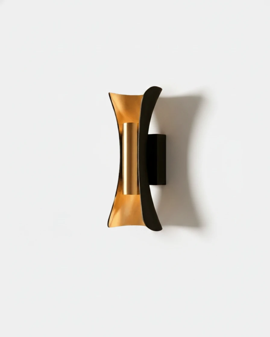 Outdoor wall sconce VENTO No.01 compact 8 in, matte black hourglass body with gold interior, unlit on white