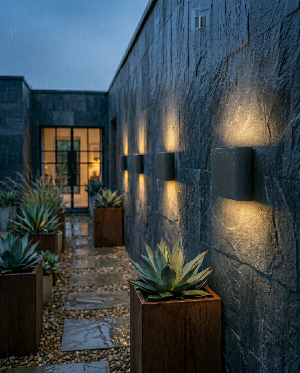 Row of outdoor wall sconces PISA No.01 in deep black lit along stone walls of a planted courtyard path at dusk