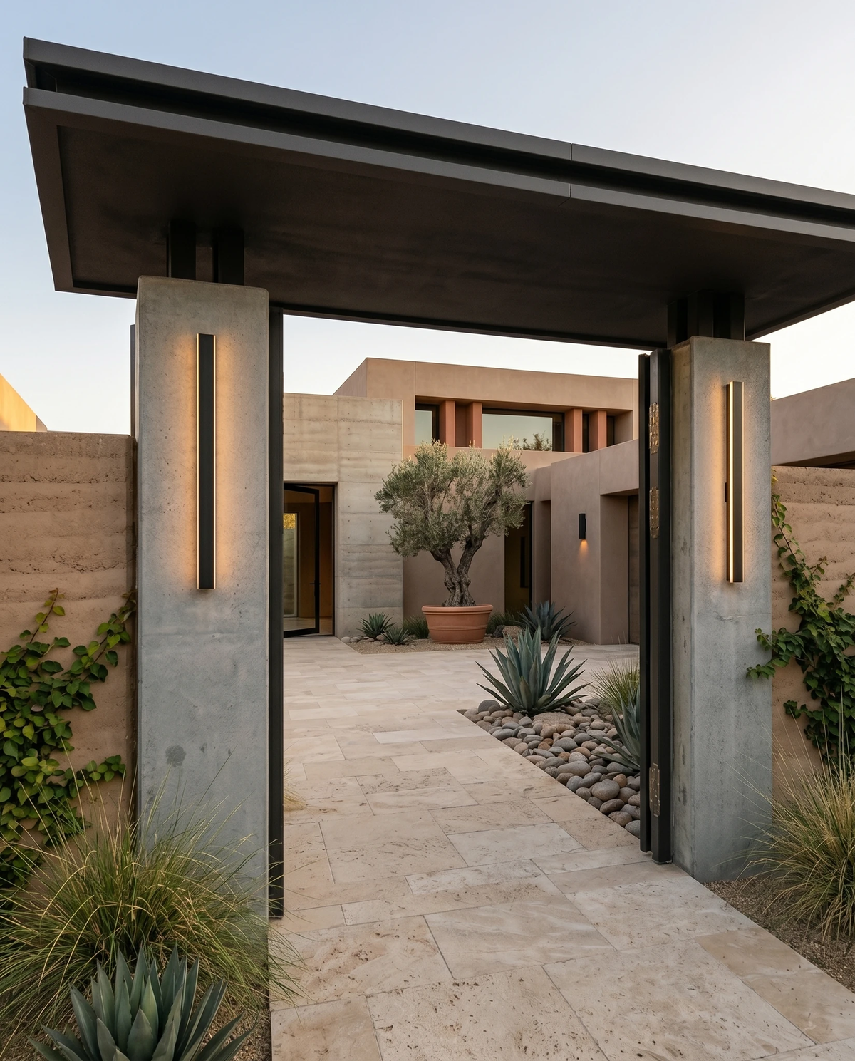 Outdoor wall sconce FRECCIA No.01 on concrete pillars of a covered walkway, two bars lit at sunset with an olive tree beyond