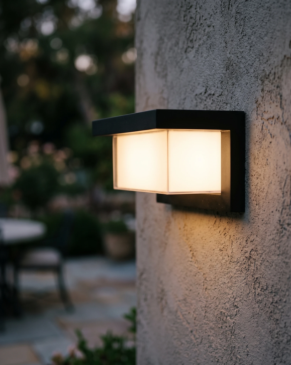 Outdoor wall sconce BRISA No.01 lit on a plaster wall with a garden patio and chairs beyond at dusk