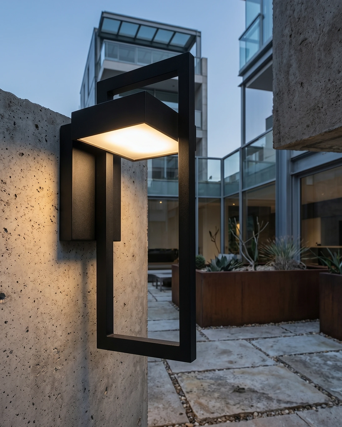 Outdoor wall sconce FERRO No.01 lit on a concrete pillar in a paved courtyard with corten planters and buildings