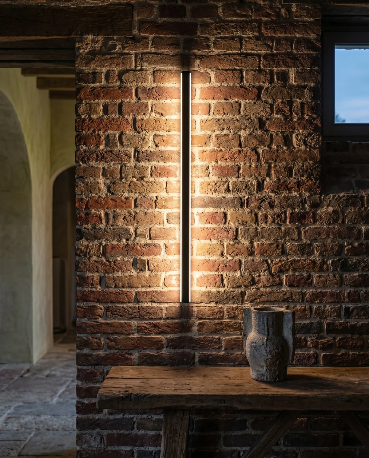 Outdoor wall sconce FRECCIA No.01 lit on a rustic brick pillar above a wooden table, under an arched covered porch