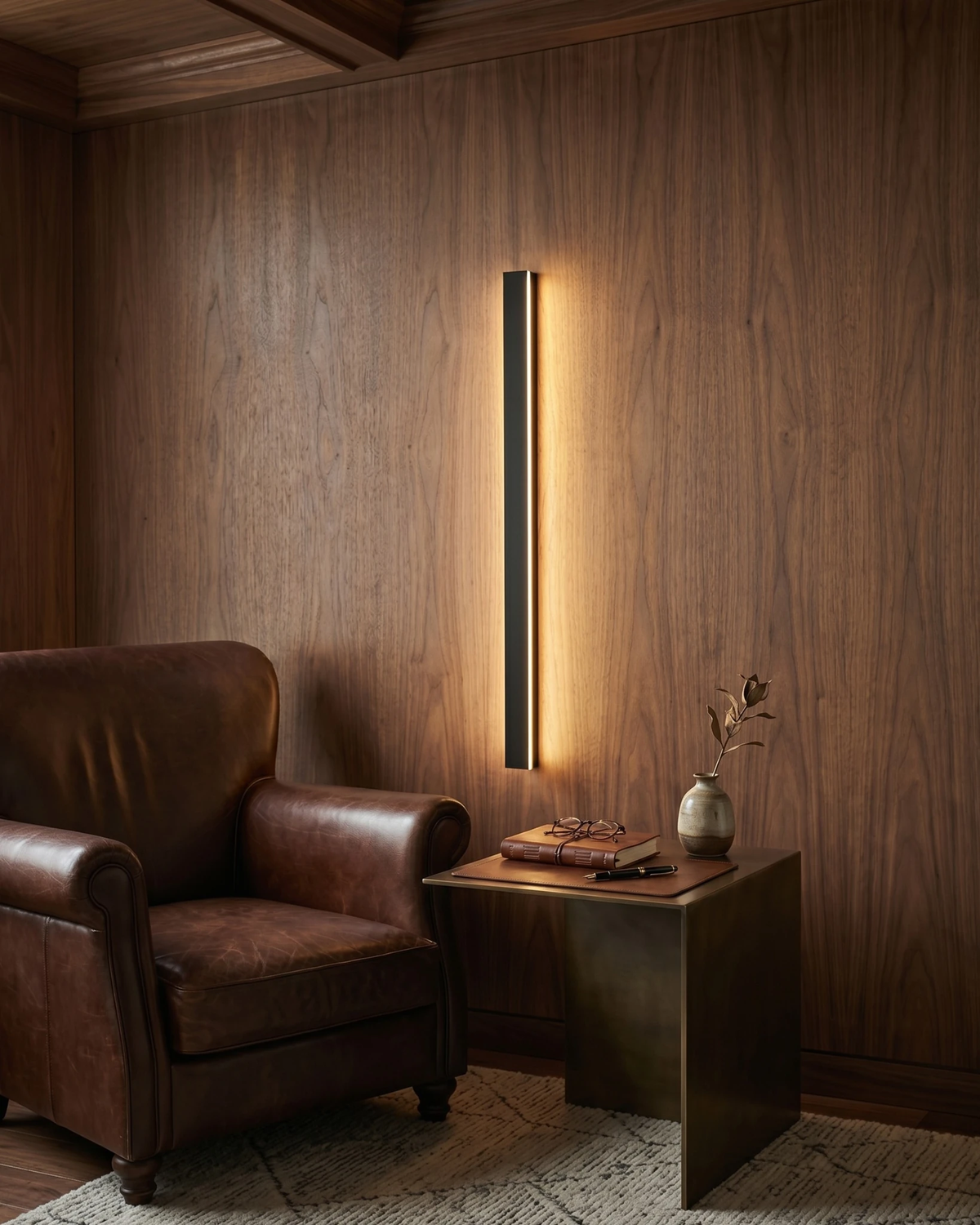 Linear LED wall sconce FRECCIA No.01 switched on against walnut wall paneling beside a leather club chair and side table