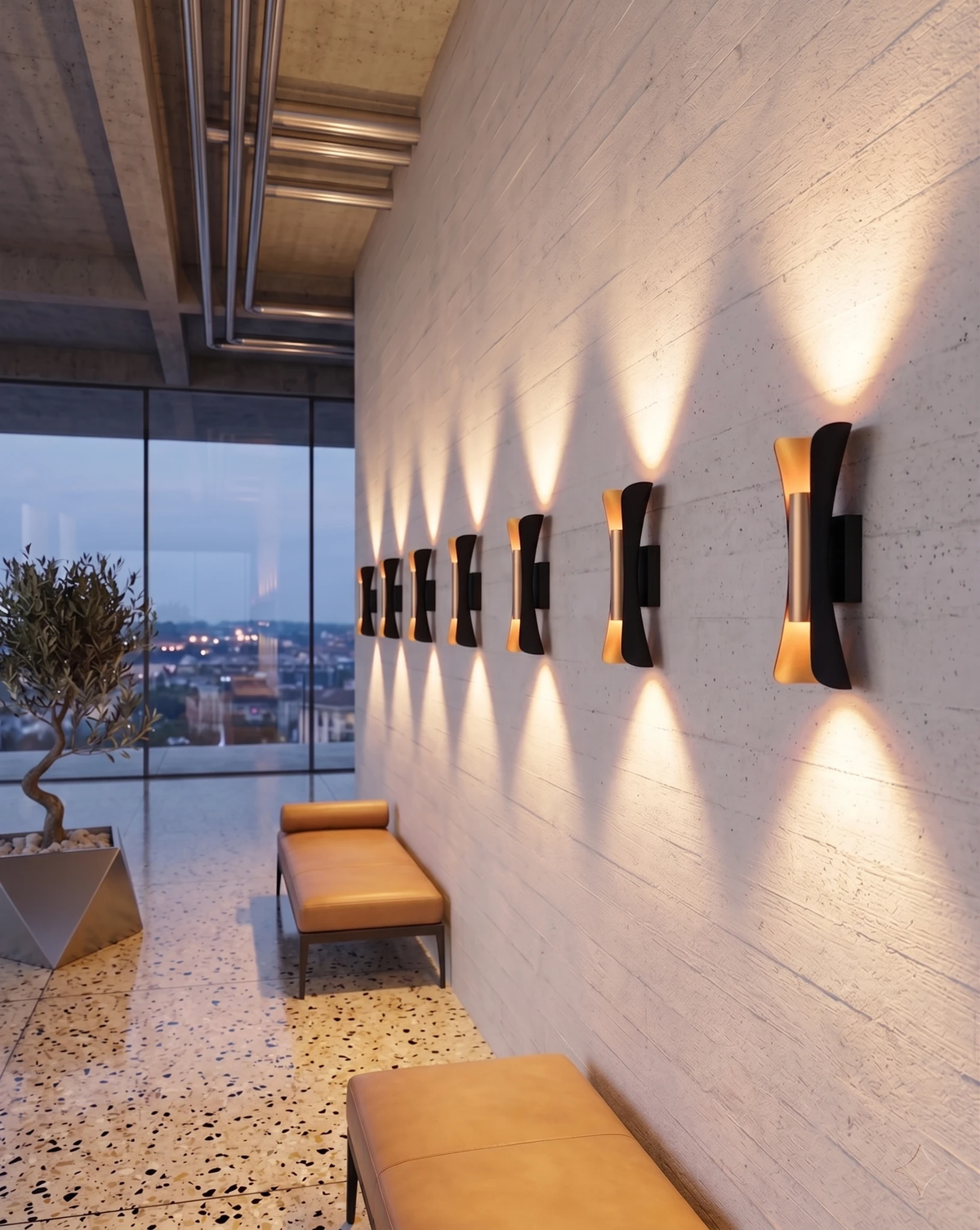 Row of outdoor wall sconces VENTO No.01 lit along a white brick wall in a lounge with leather benches and a city view