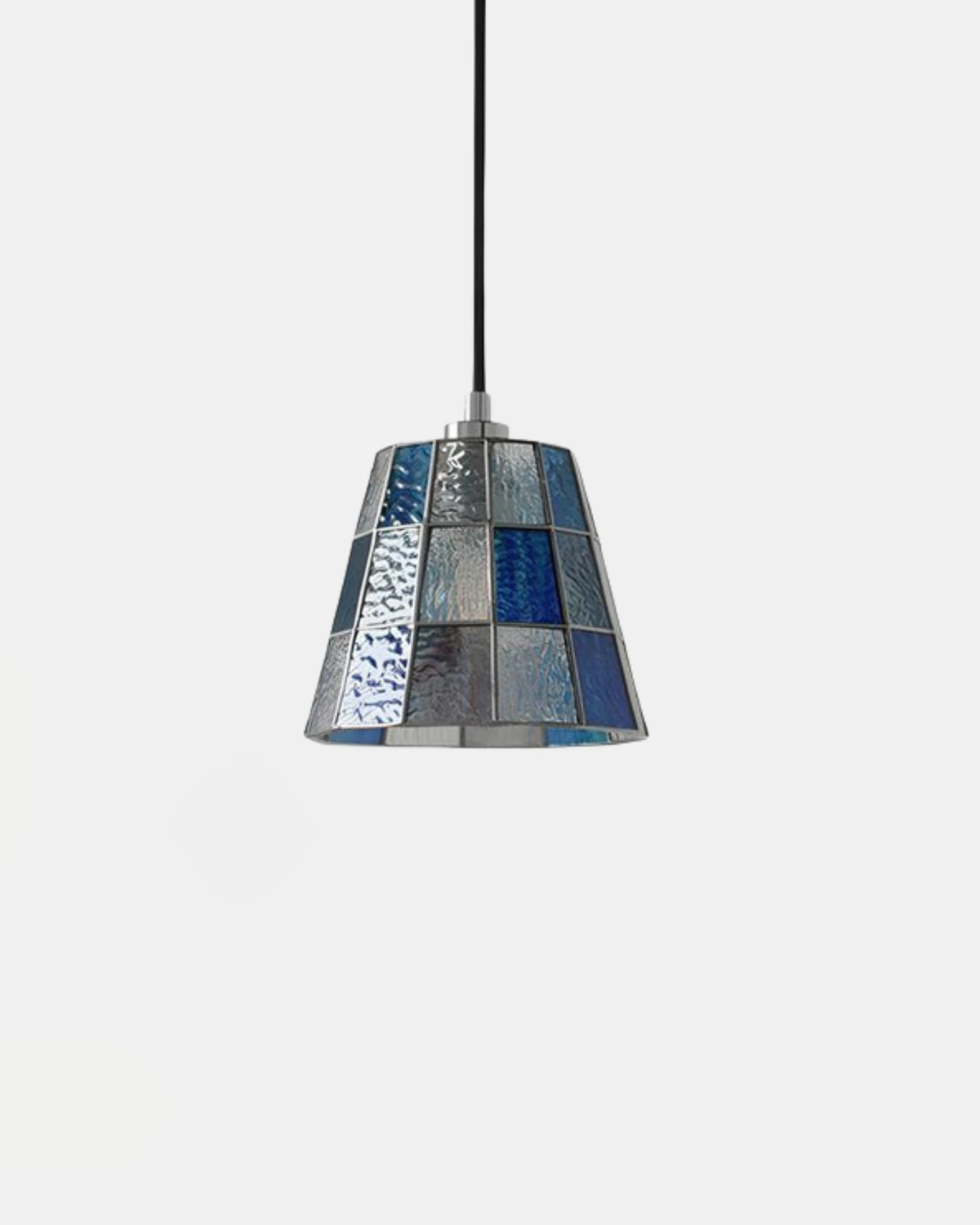 Stained glass pendant light TESSERA No.02 compact size in cobalt blue and clear mosaic panes with chrome cap