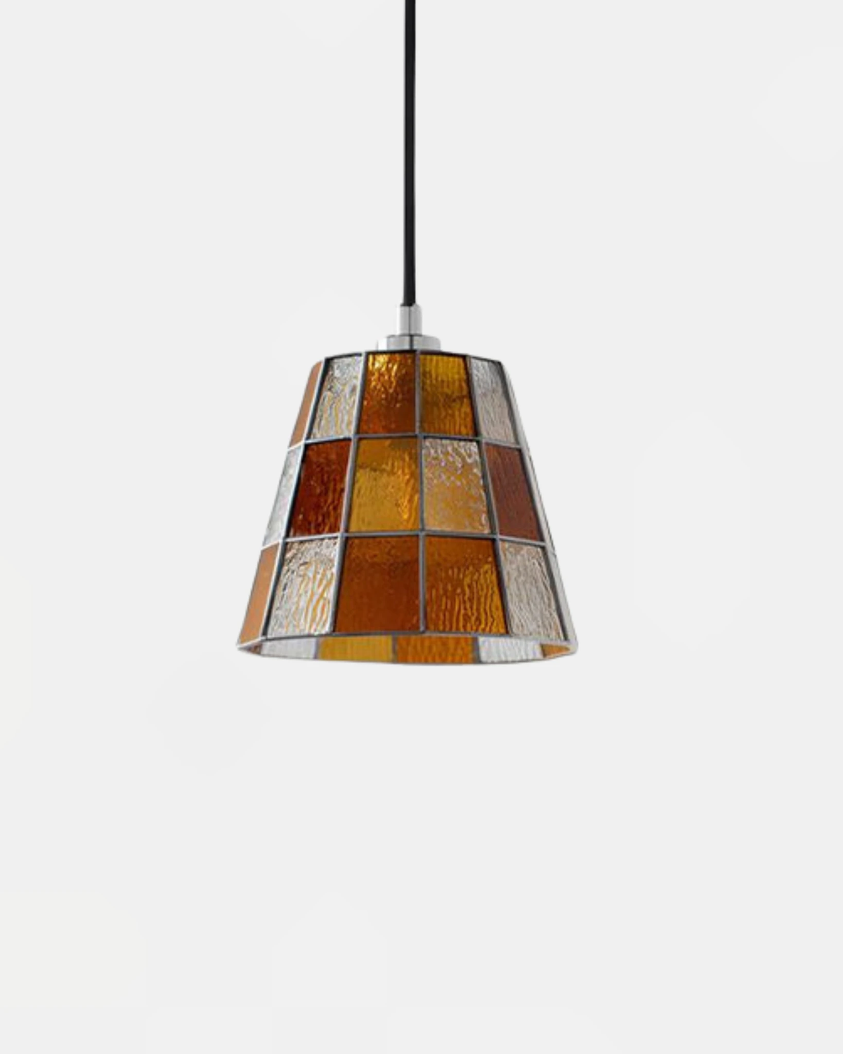 Stained glass pendant light TESSERA No.02 compact tapered shade in vibrant orange and clear leaded glass