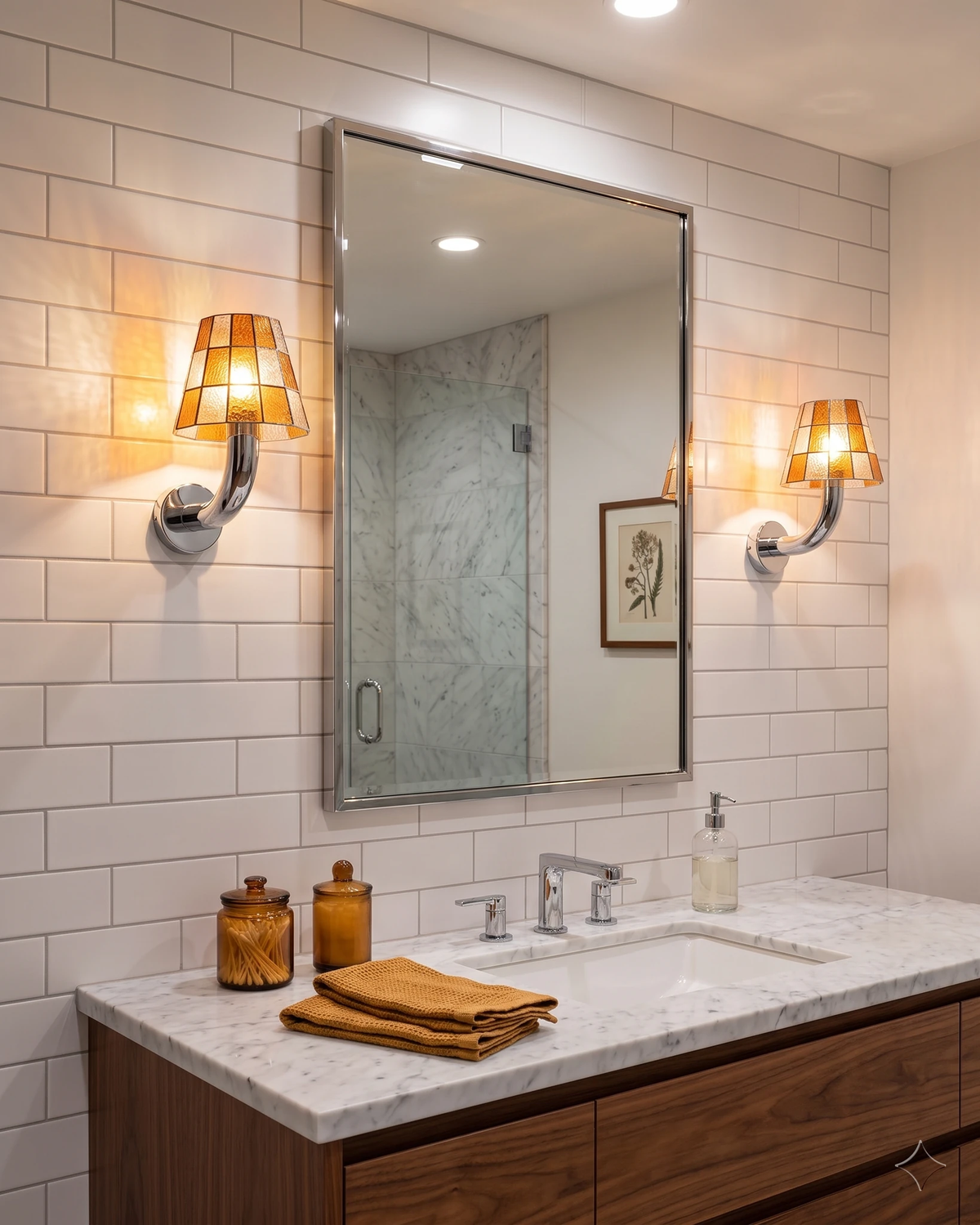 Stained glass wall sconce TESSERA No.01, two amber units lit flanking a mirror over a marble vanity with subway tile